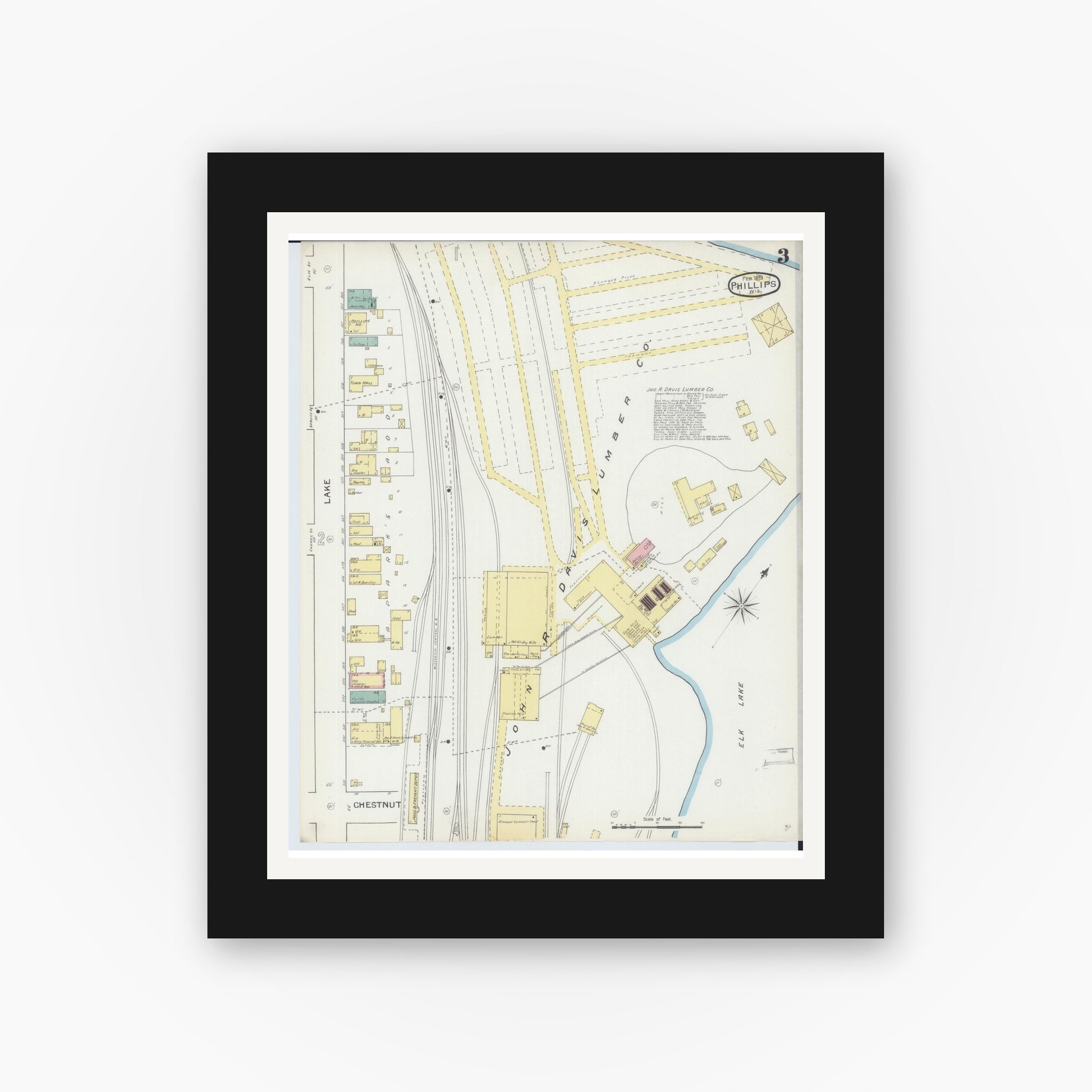 Old map wall art mockup — black gallery frame with white mat — Sanborn Fire Insurance Map from Phillips, Price County, Wisconsin (1893), Sheet #0003