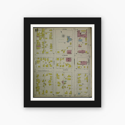 Old map wall art mockup — black gallery frame with white mat — Sanborn Fire Insurance Map from Akron, Summit County, Ohio (1892), Sheet #0013