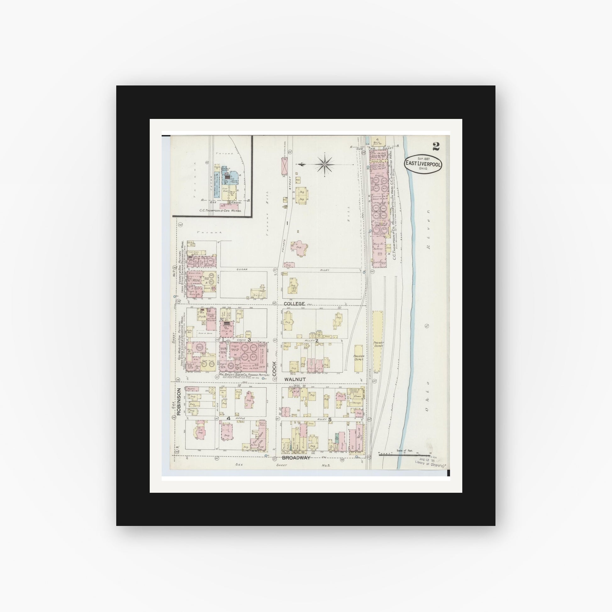 Old map wall art mockup — black gallery frame with white mat — Sanborn Fire Insurance Map from East Liverpool, Columbiana County, Ohio (1887), Sheet #0002