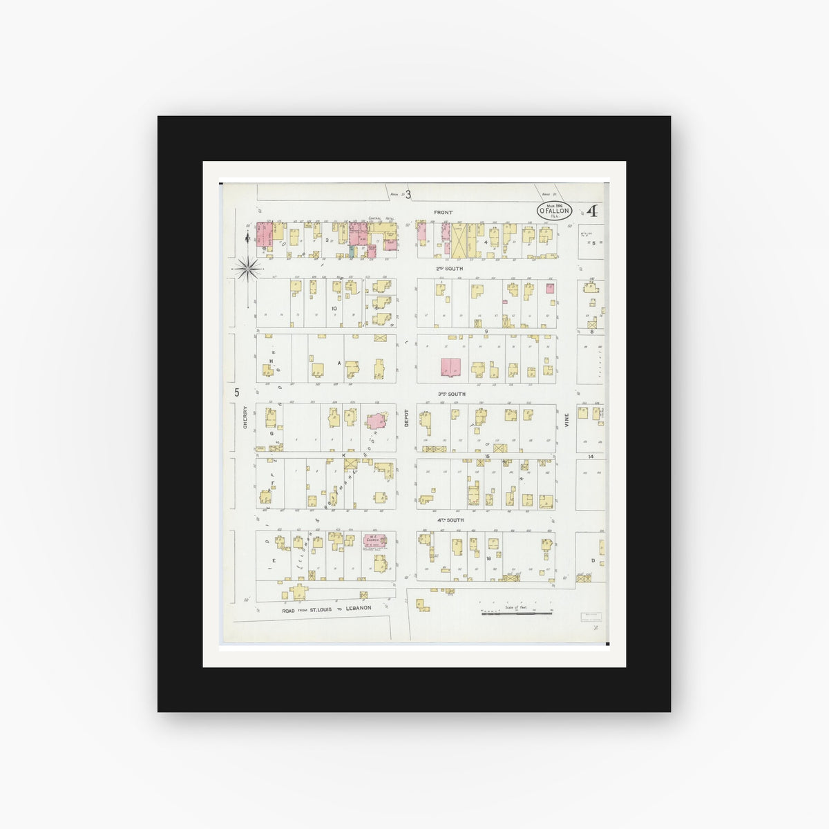 Old map wall art mockup — black gallery frame with white mat — Sanborn Fire Insurance Map from O'Fallon, Saint Clair County, Illinois (1906), Sheet #0004