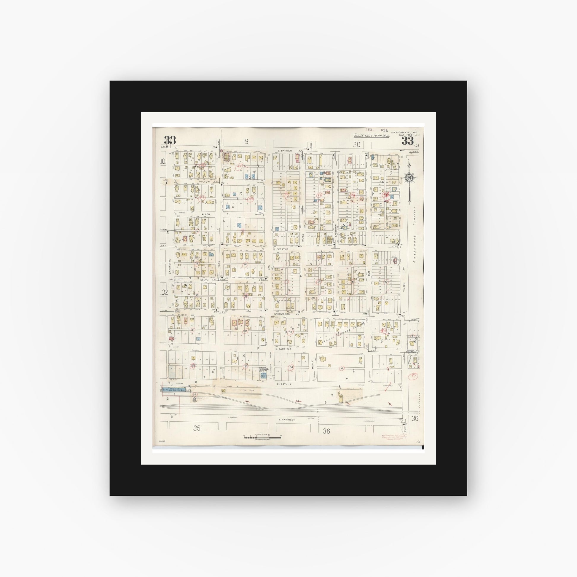 Old map wall art mockup — black gallery frame with white mat — Sanborn Fire Insurance Map from Michigan City, La Porte County, Indiana (1948), Sheet #0033
