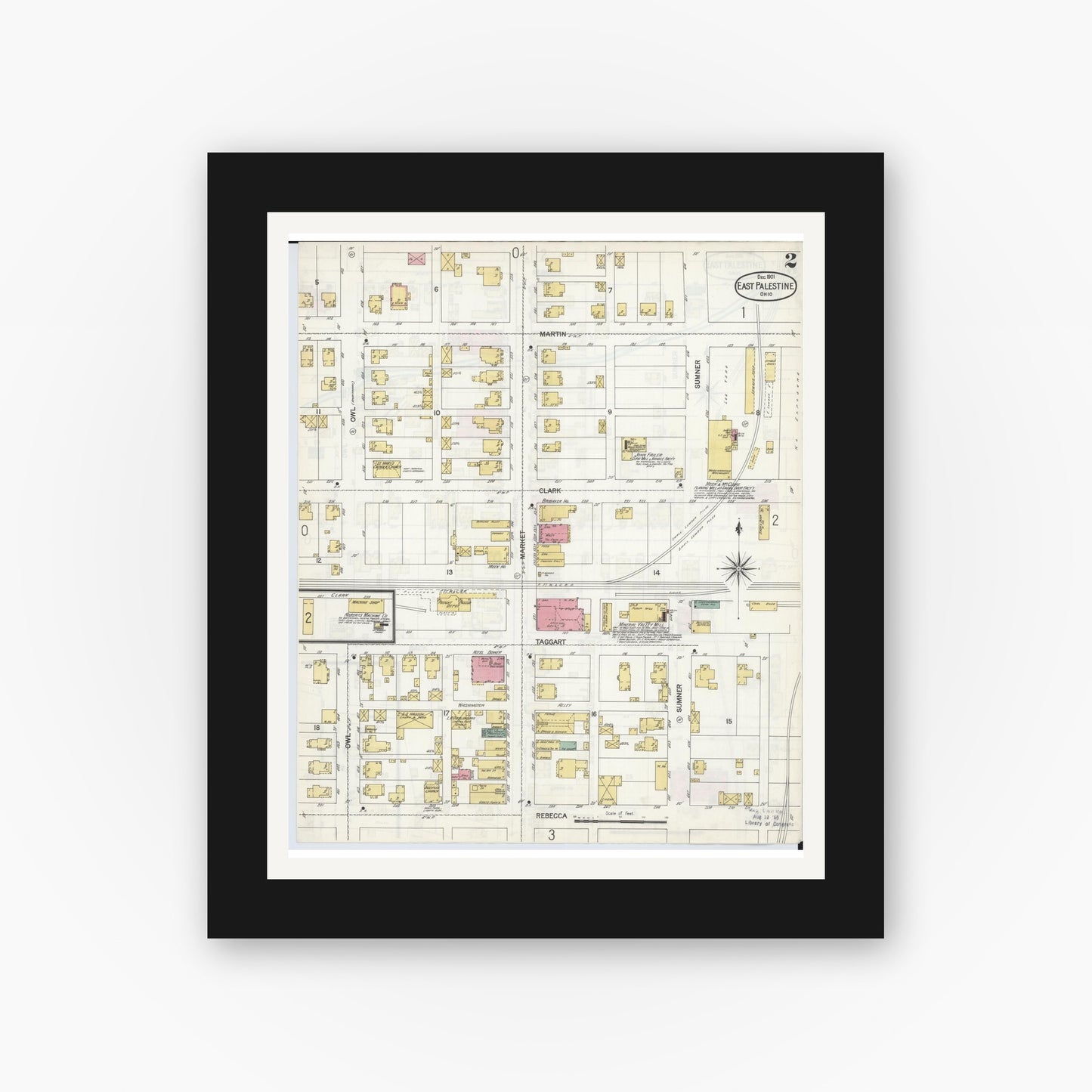 Old map wall art mockup — black gallery frame with white mat — Sanborn Fire Insurance Map from East Palestine, Columbiana County, Ohio (1901), Sheet #0002