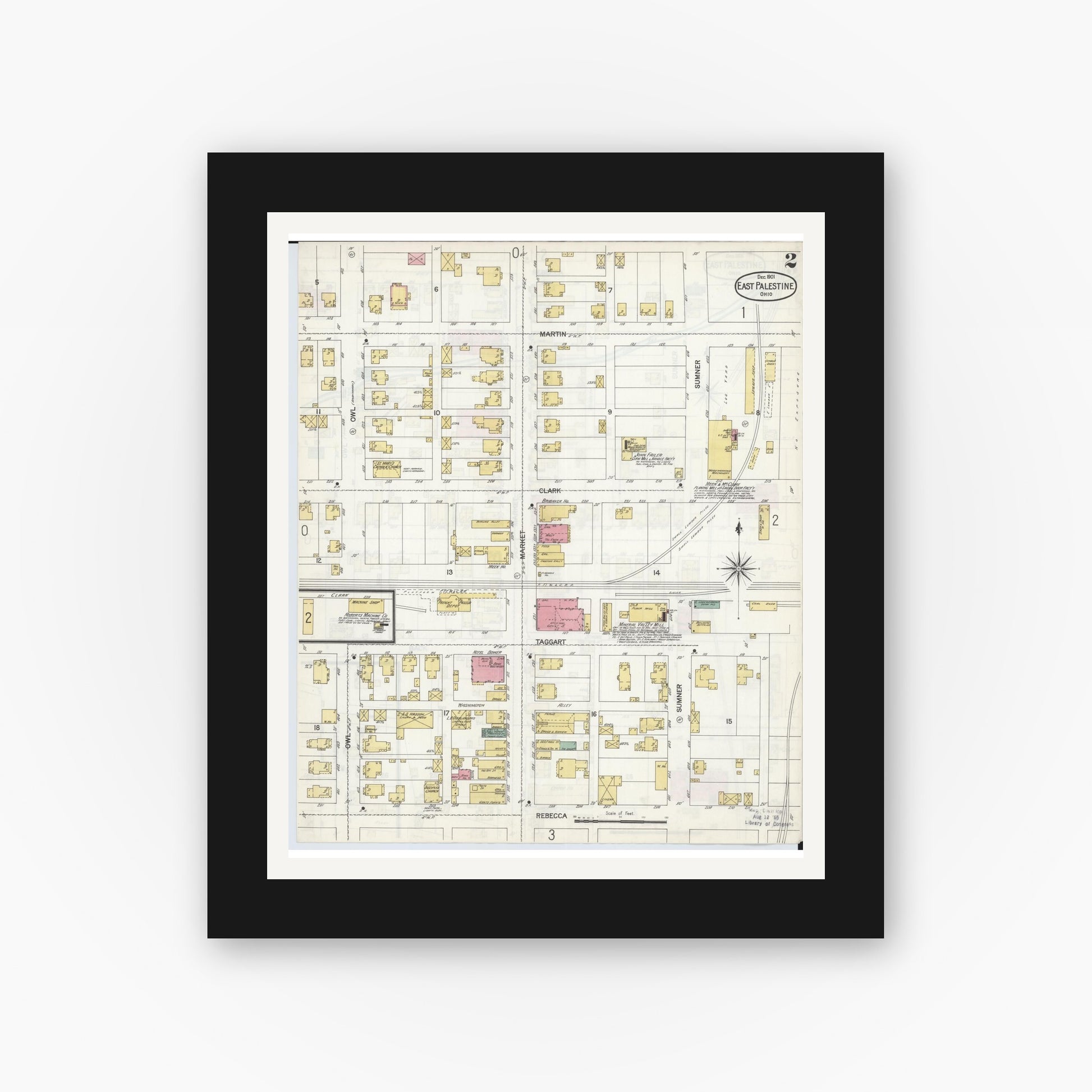 Old map wall art mockup — black gallery frame with white mat — Sanborn Fire Insurance Map from East Palestine, Columbiana County, Ohio (1901), Sheet #0002