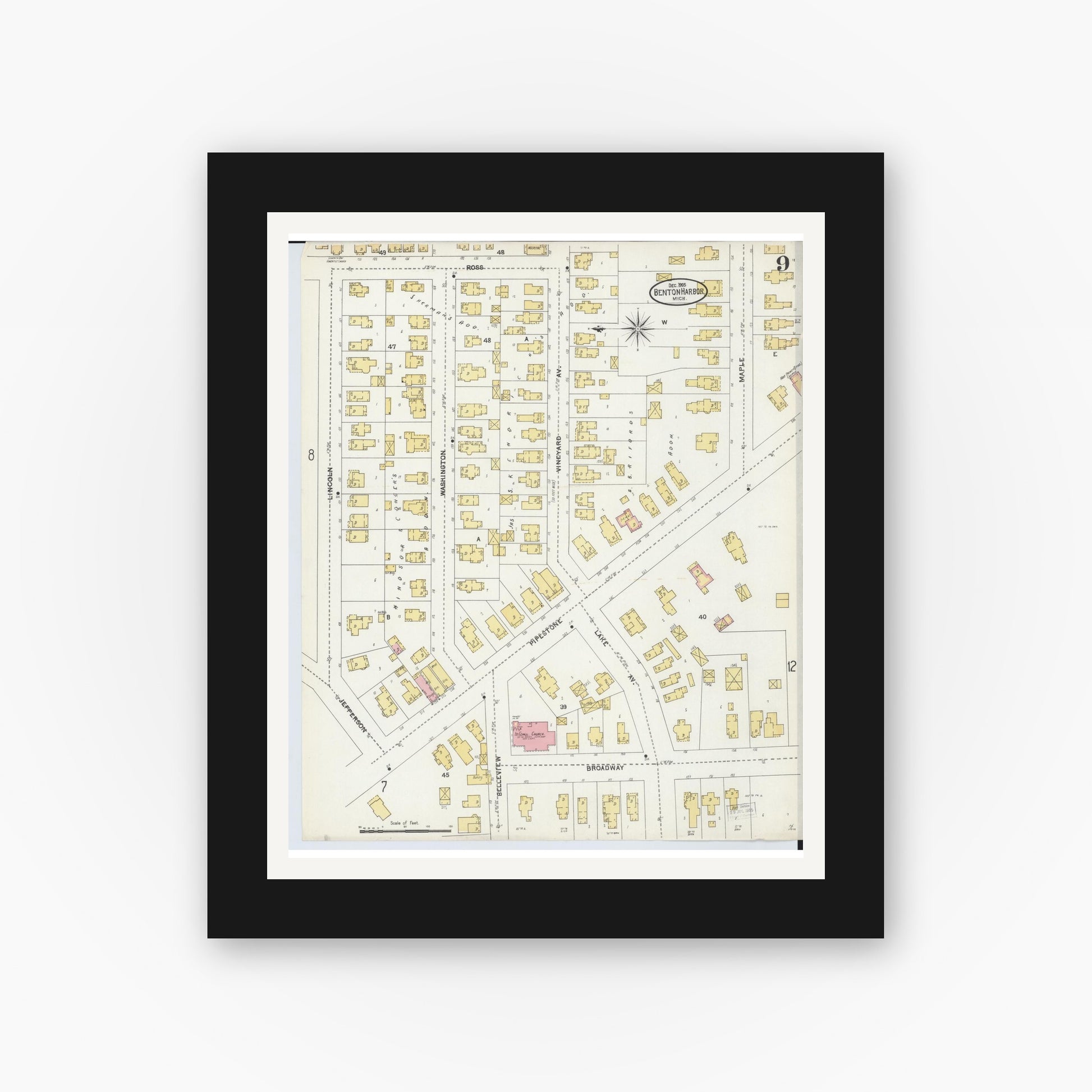 Old map wall art mockup — black gallery frame with white mat — Sanborn Fire Insurance Map from Benton Harbor, Berrien County, Michigan (1905), Sheet #0009