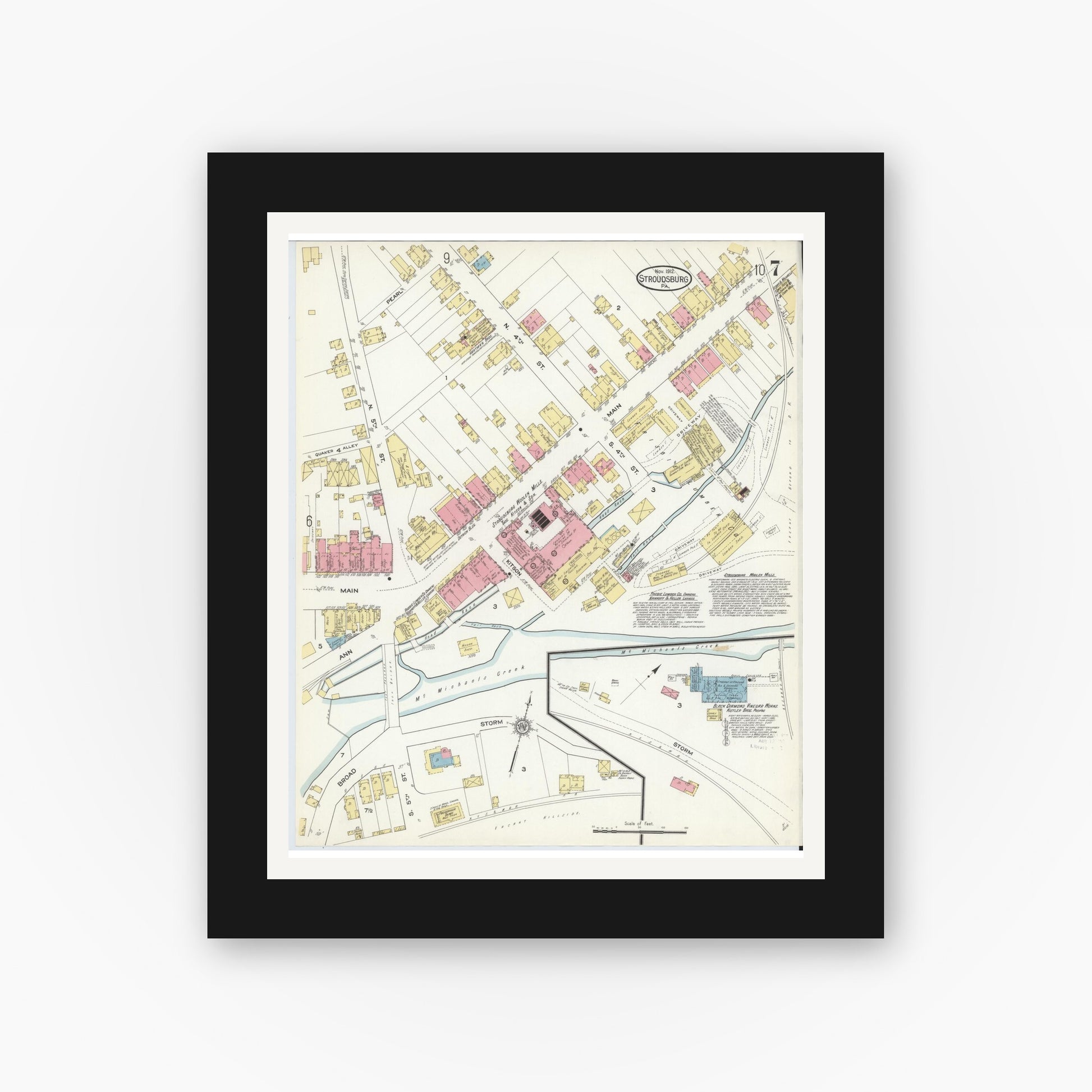 Old map wall art mockup — black gallery frame with white mat — Sanborn Fire Insurance Map from Stroudsburg, Monroe County, Pennsylvania (1912), Sheet #0007