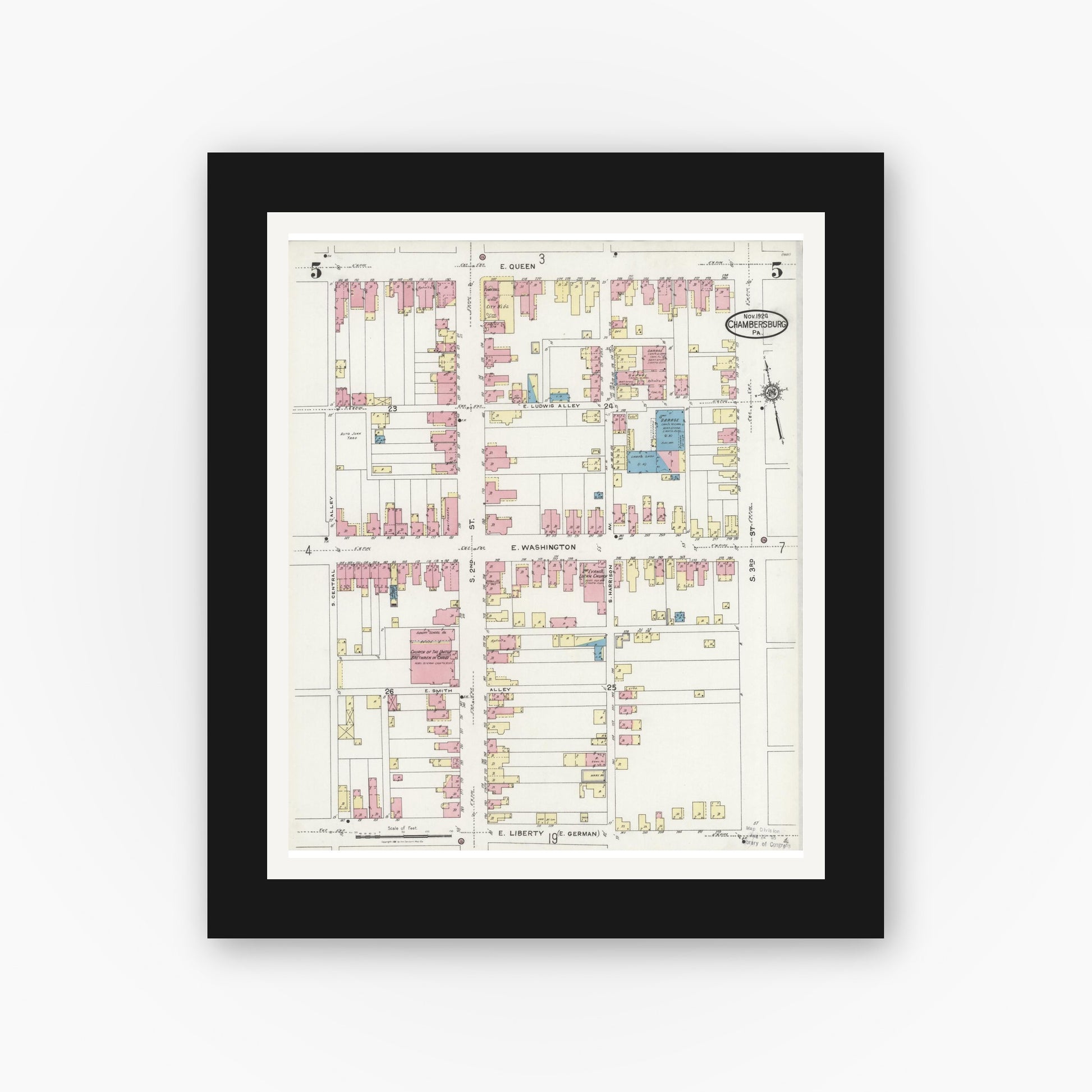 Old map wall art mockup — black gallery frame with white mat — Sanborn Fire Insurance Map from Chambersburg, Franklin County, Pennsylvania (1924), Sheet #0005