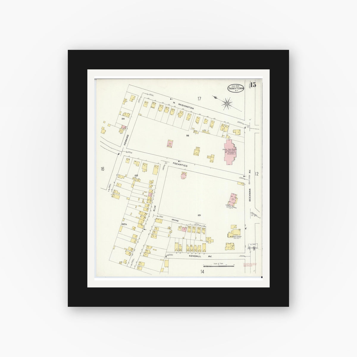 Old map wall art mockup — black gallery frame with white mat — Sanborn Fire Insurance Map from Tarrytown, Westchester County, New York (1909), Sheet #0015