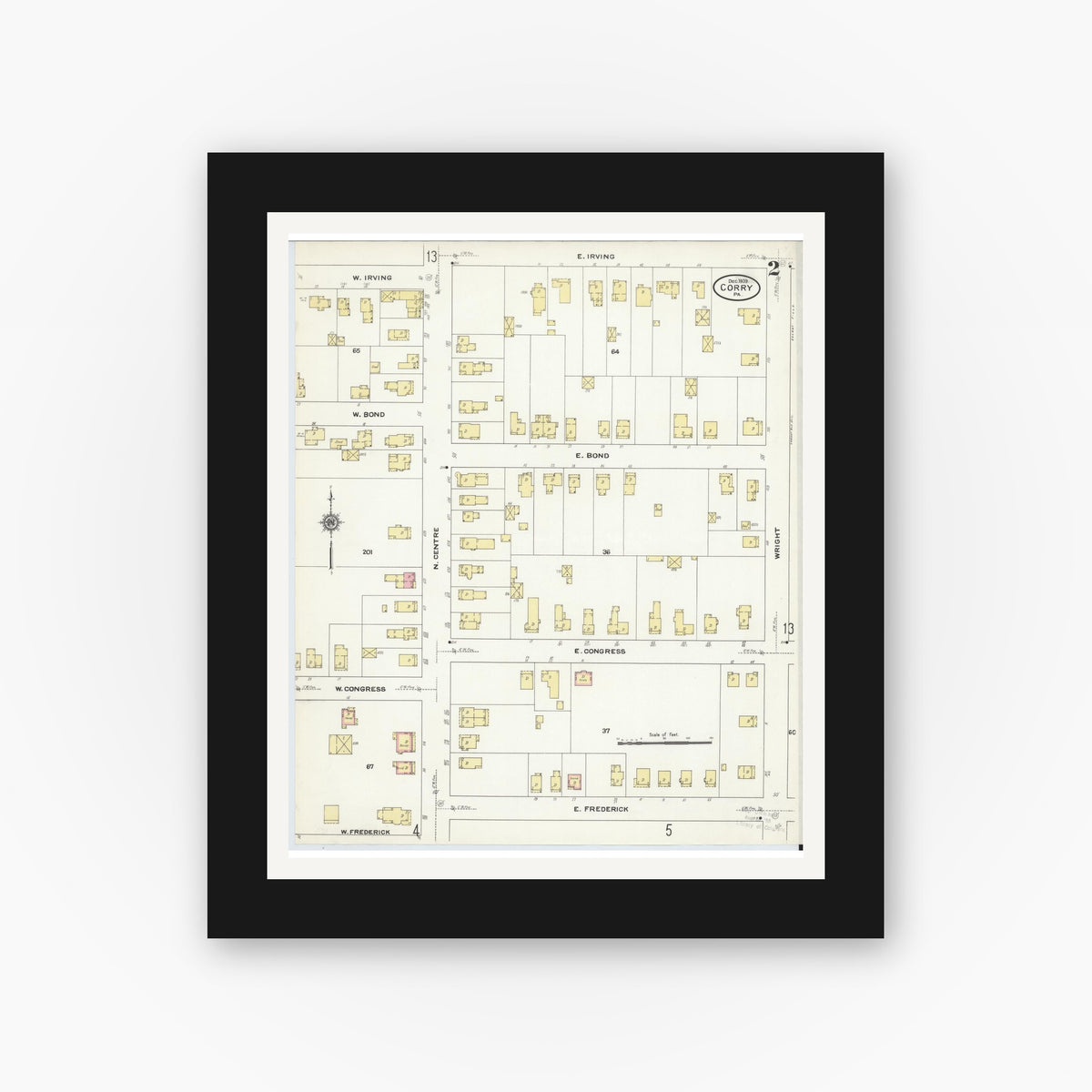 Old map wall art mockup — black gallery frame with white mat — Sanborn Fire Insurance Map from Corry, Erie County, Pennsylvania (1909), Sheet #0002