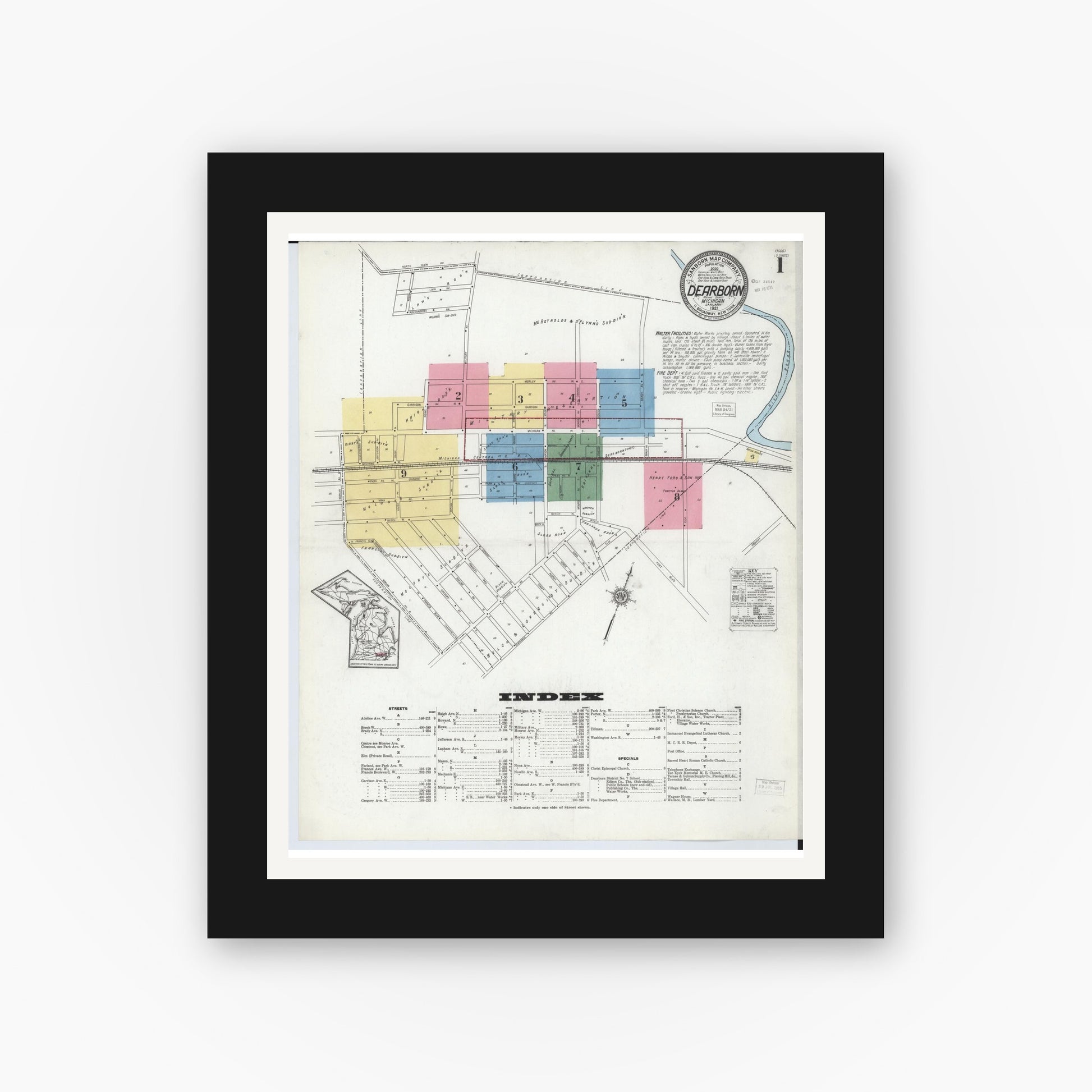 Old map wall art mockup — black gallery frame with white mat — Sanborn Fire Insurance Map from Dearborn, Wayne County, Michigan (1921) - Complete Map Set