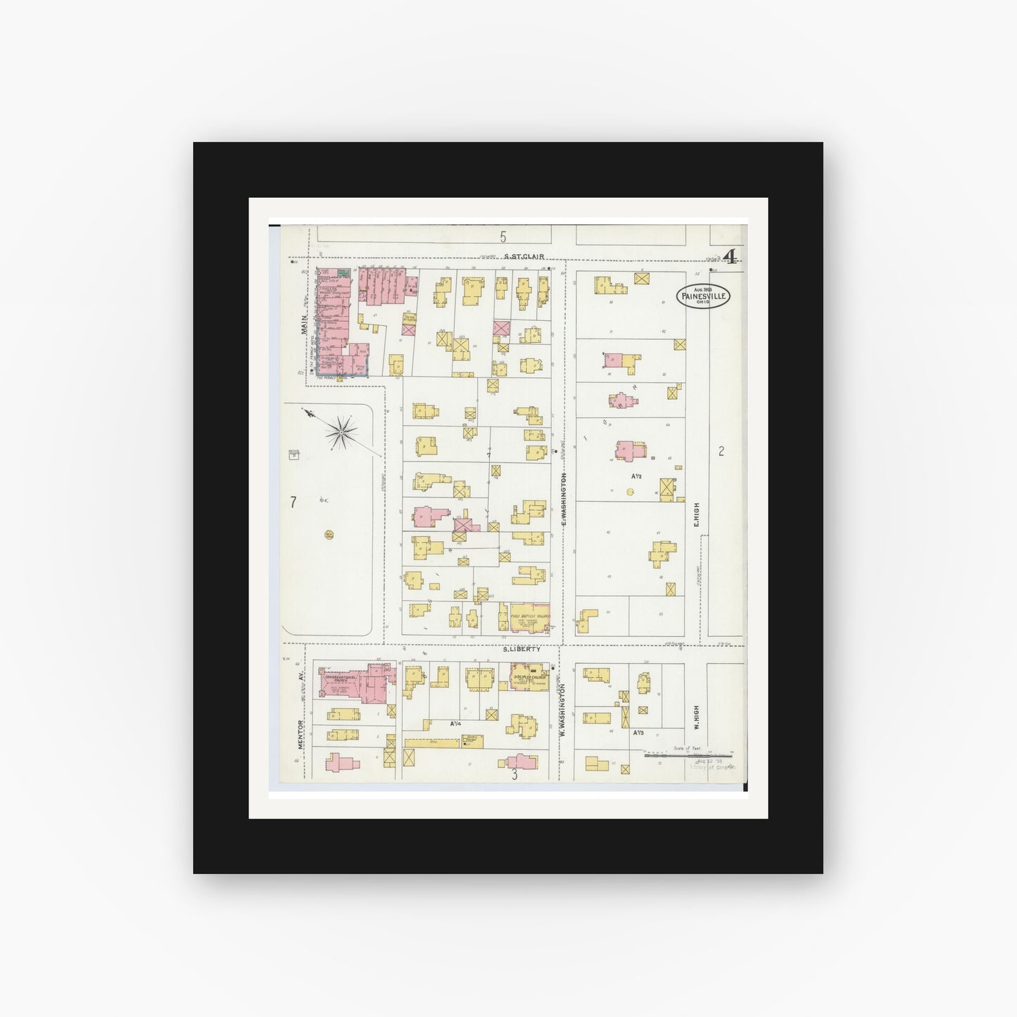 Old map wall art mockup — black gallery frame with white mat — Sanborn Fire Insurance Map from Painesville, Lake County, Ohio (1904), Sheet #0004