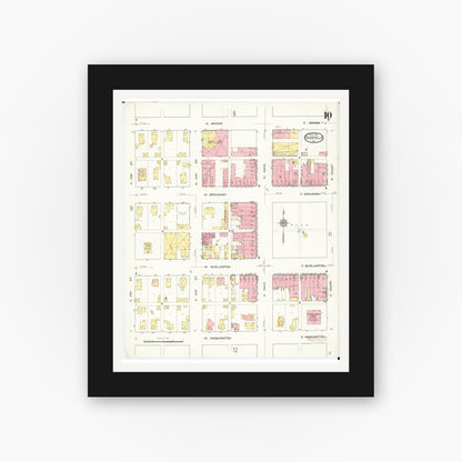 Old map wall art mockup — black gallery frame with white mat — Sanborn Fire Insurance Map from Fairfield, Jefferson County, Iowa (1913), Sheet #0010