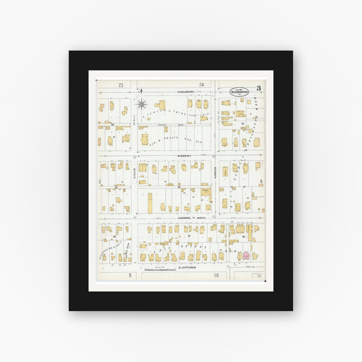Old map wall art mockup — black gallery frame with white mat — Sanborn Fire Insurance Map from Bloomington, McLean County, Illinois (1901), Sheet #0003