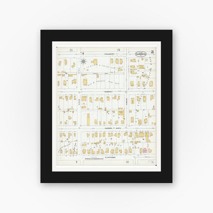 Old map wall art mockup — black gallery frame with white mat — Sanborn Fire Insurance Map from Bloomington, McLean County, Illinois (1901), Sheet #0003
