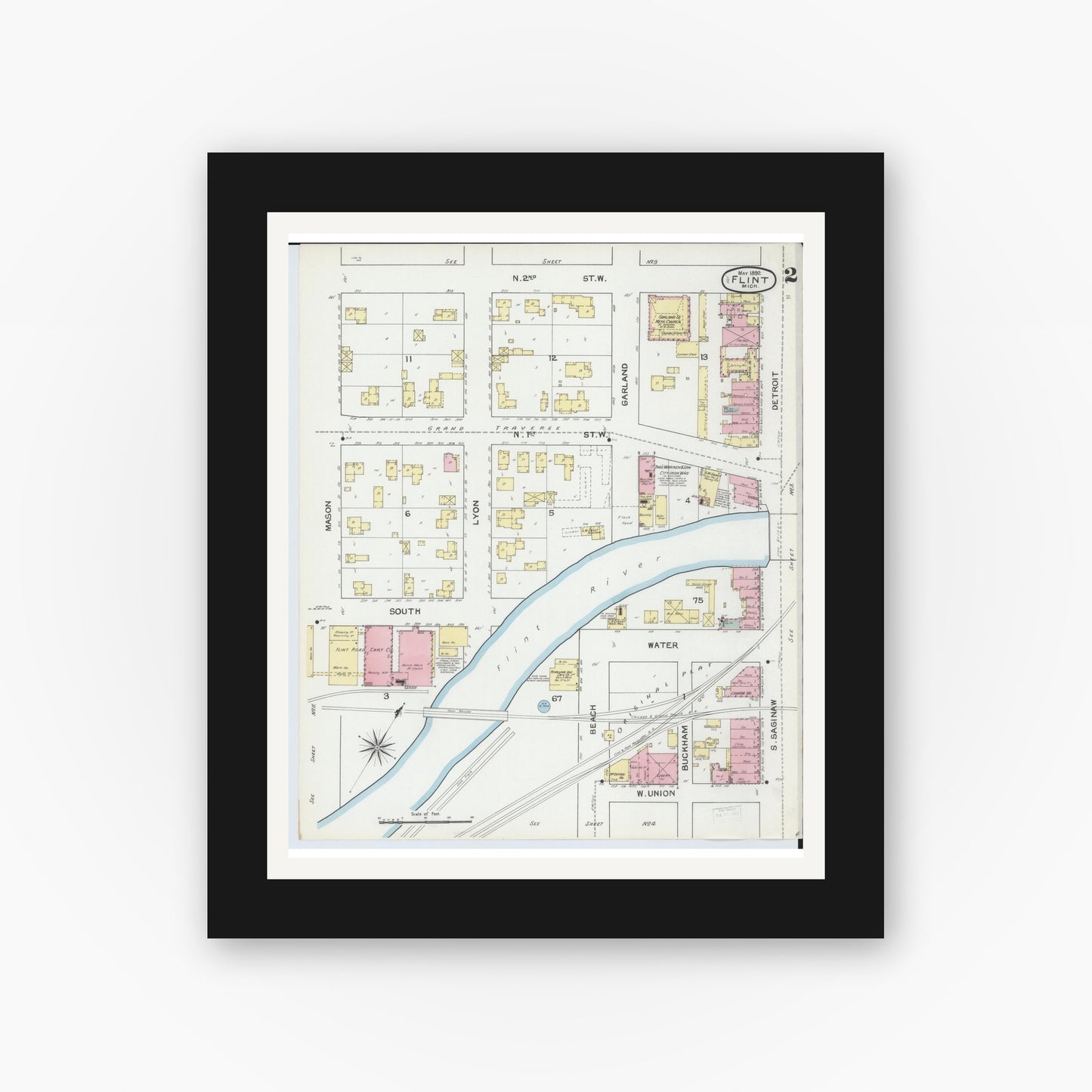 Old map wall art mockup — black gallery frame with white mat — Sanborn Fire Insurance Map from Flint, Genesee County, Michigan (1892), Sheet #0002
