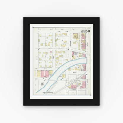 Old map wall art mockup — black gallery frame with white mat — Sanborn Fire Insurance Map from Flint, Genesee County, Michigan (1892), Sheet #0002