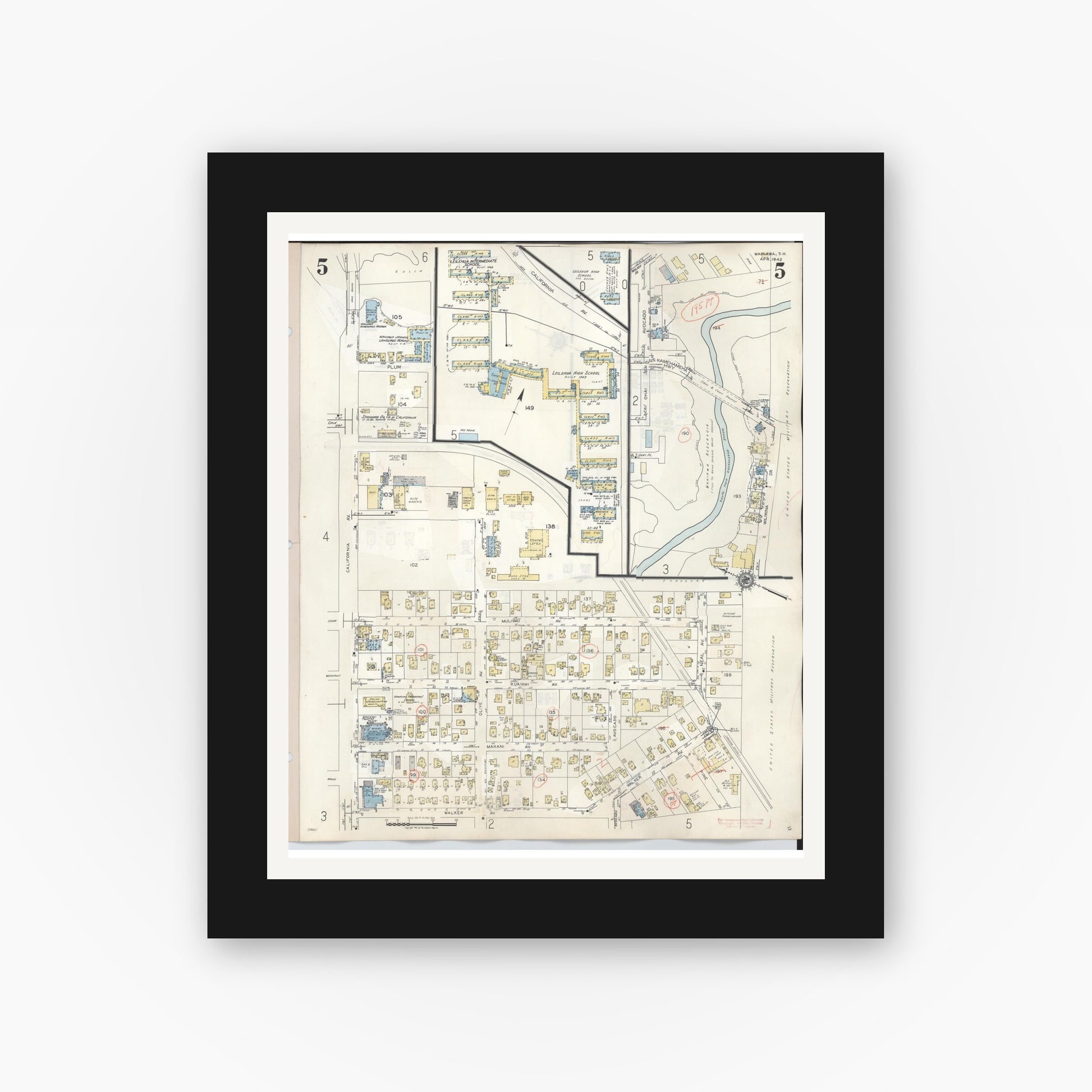 Old map wall art mockup — black gallery frame with white mat — Sanborn Fire Insurance Map from Wahiawa, Honolulu County, Hawaii (1957), Sheet #0005