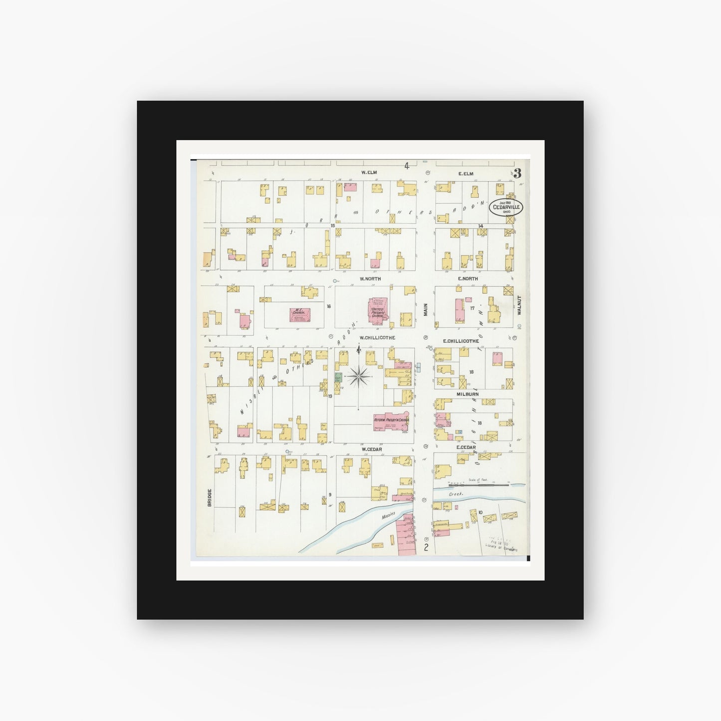 Old map wall art mockup — black gallery frame with white mat — Sanborn Fire Insurance Map from Cedarville, Greene County, Ohio (1901), Sheet #0003