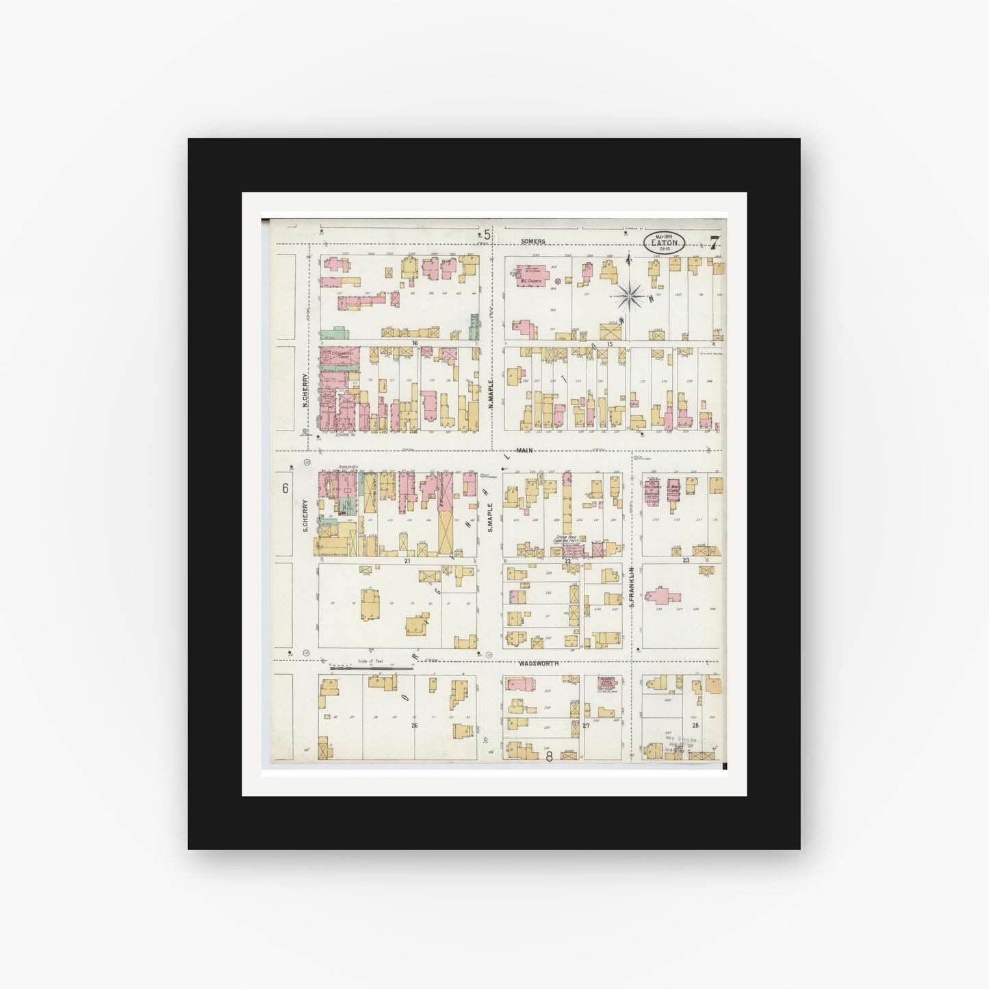 Old map wall art mockup — black gallery frame with white mat — Sanborn Fire Insurance Map from Eaton, Preble County, Ohio (1899), Sheet #0007
