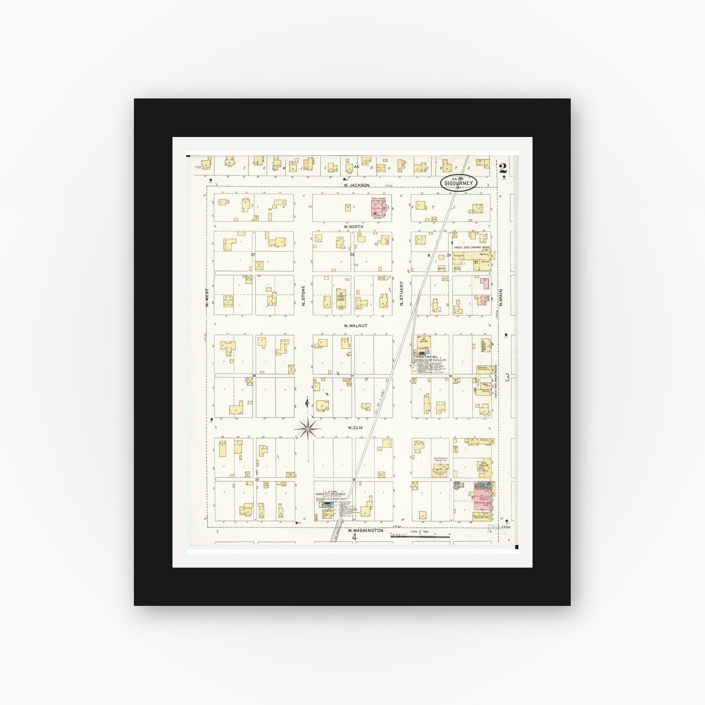 Old map wall art mockup — black gallery frame with white mat — Sanborn Fire Insurance Map from Sigourney, Kiokuk County, Iowa (1906), Sheet #0002