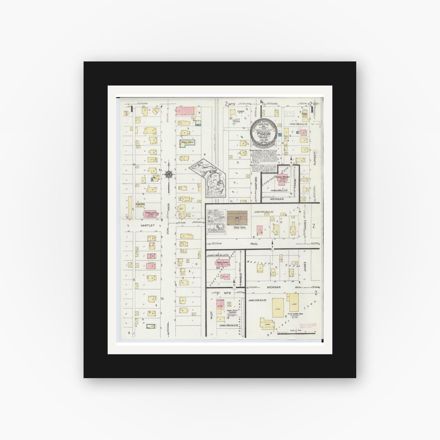 Old map wall art mockup — black gallery frame with white mat — Sanborn Fire Insurance Map from Pigeon, Huron County, Michigan (1924), Sheet #0001