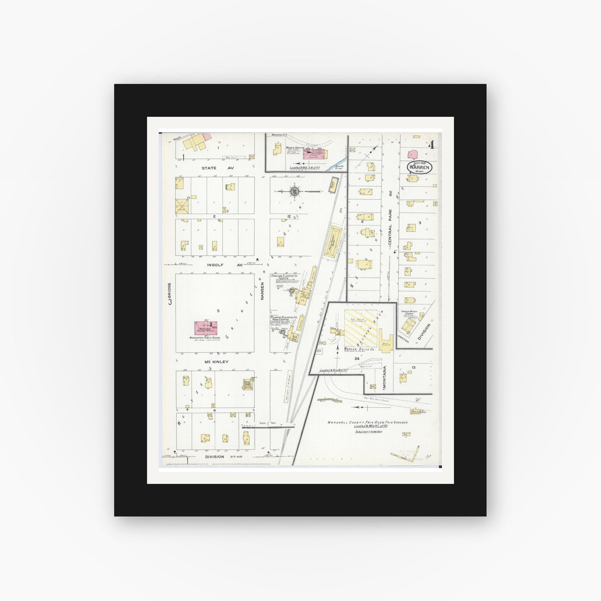 Old map wall art mockup — black gallery frame with white mat — Sanborn Fire Insurance Map from Warren, Marshall County, Minnesota (1909), Sheet #0004