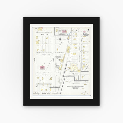 Old map wall art mockup — black gallery frame with white mat — Sanborn Fire Insurance Map from Warren, Marshall County, Minnesota (1909), Sheet #0004