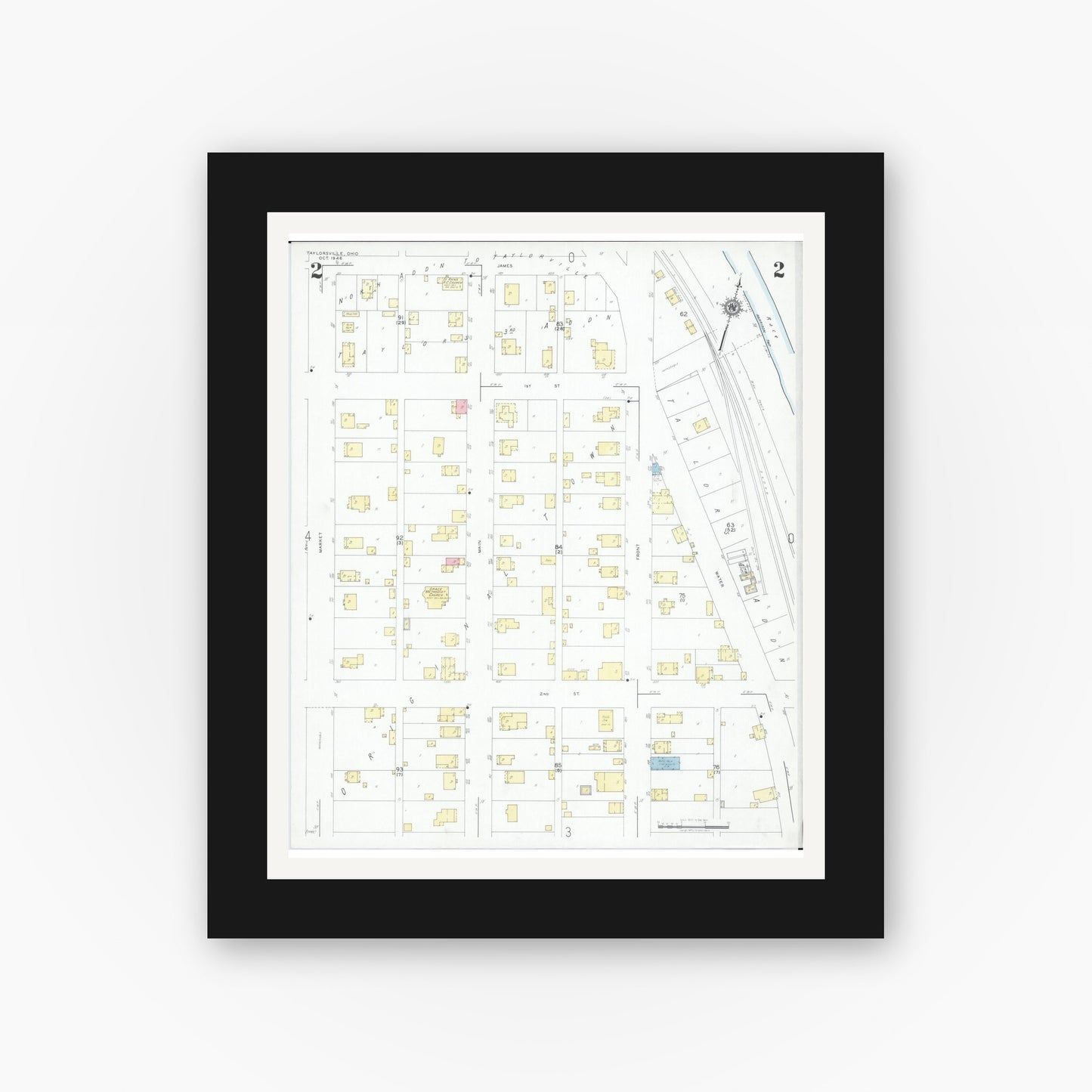 Old map wall art mockup — black gallery frame with white mat — Sanborn Fire Insurance Map from Taylorsville, Muskingum County, Ohio (1946), Sheet #0002