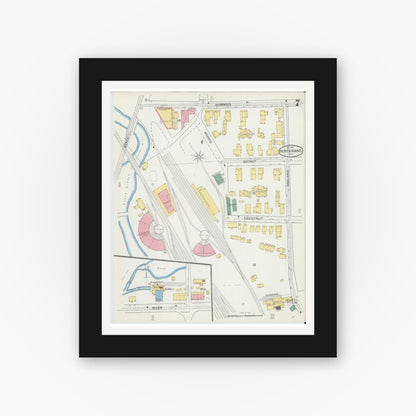 Old map wall art mockup — black gallery frame with white mat — Sanborn Fire Insurance Map from North Adams, Berkshire County, Massachusetts (1892), Sheet #0007