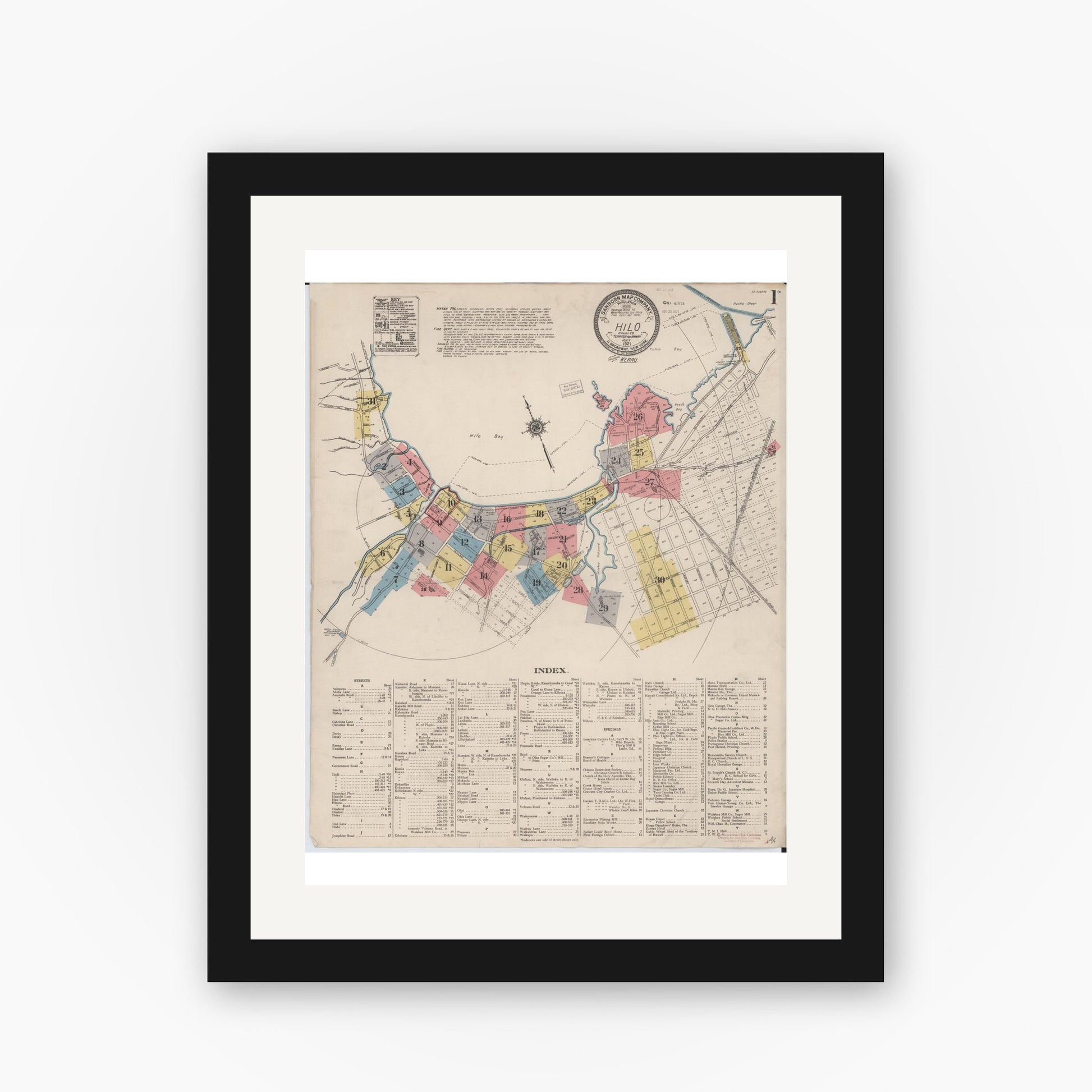 Old map wall art mockup — black gallery frame with white mat — Sanborn Fire Insurance Map from Hilo, Hawaii County, Hawaii (1921), Sheet #0001