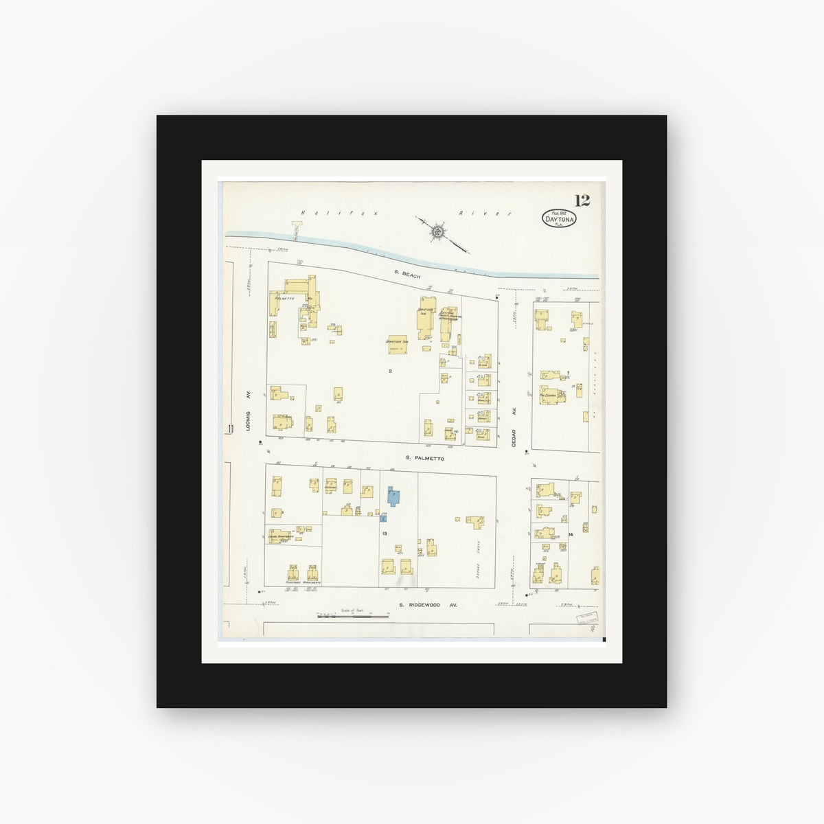 Old map wall art mockup — black gallery frame with white mat — Sanborn Fire Insurance Map from Daytona, Volusia County, Florida (1912), Sheet #0012