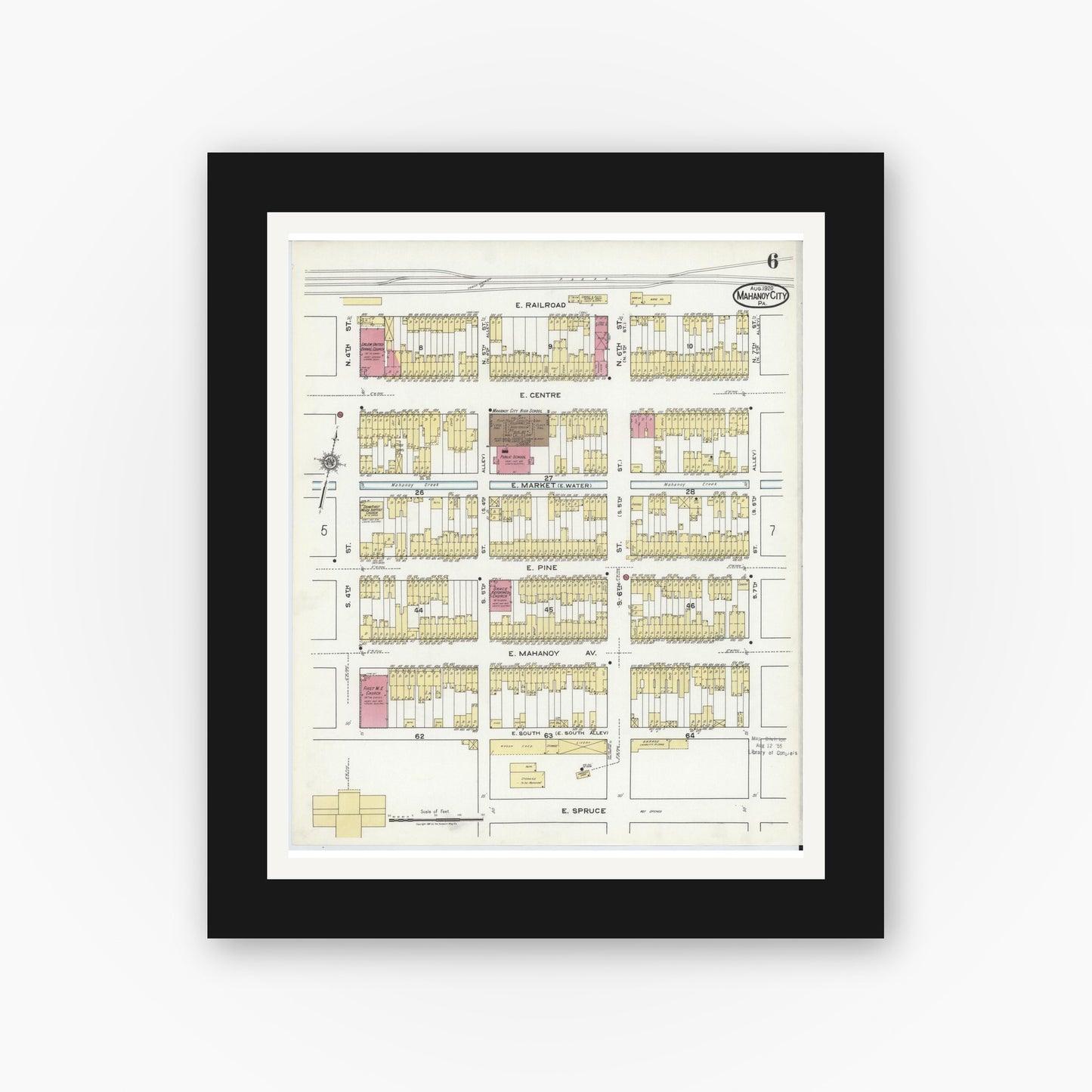 Old map wall art mockup — black gallery frame with white mat — Sanborn Fire Insurance Map from Mahanoy City, Schuylkill County, Pennsylvania (1920), Sheet #0006