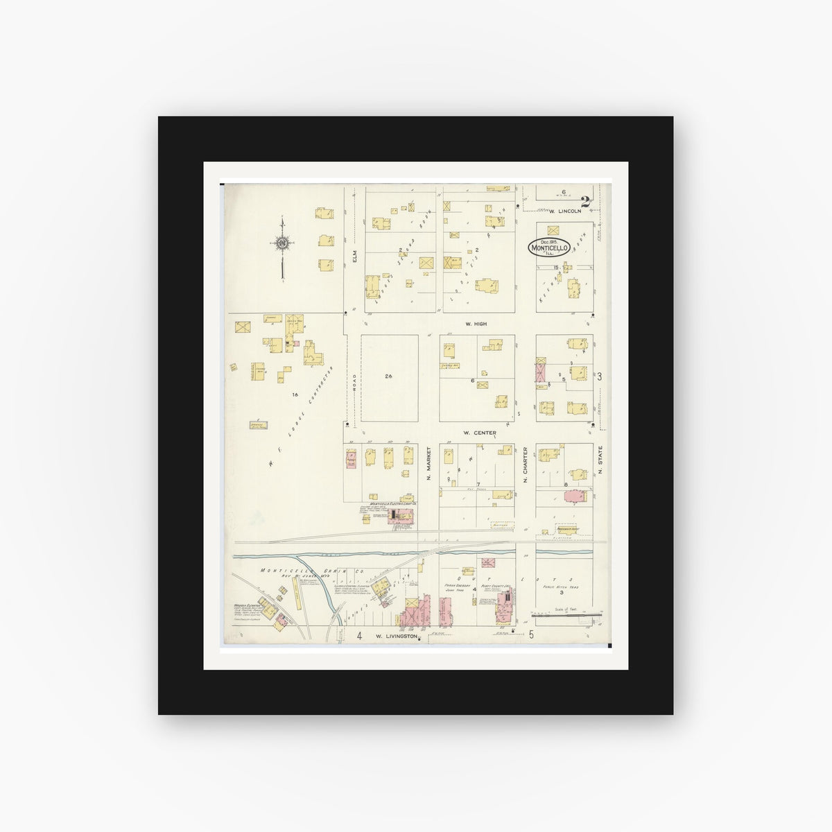 Old map wall art mockup — black gallery frame with white mat — Sanborn Fire Insurance Map from Monticello, Piatt County, Illinois (1915), Sheet #0002
