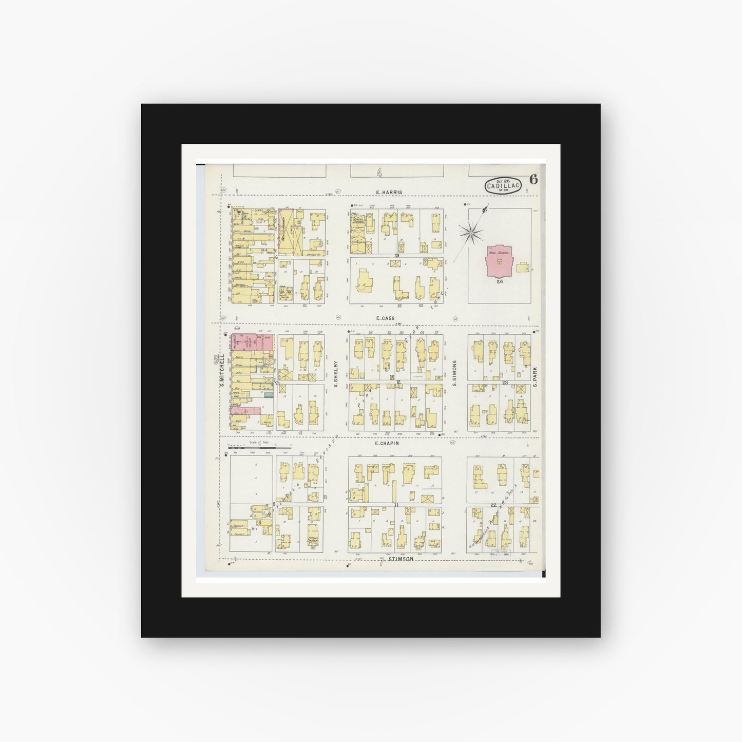 Old map wall art mockup — black gallery frame with white mat — Sanborn Fire Insurance Map from Cadillac, Wexford County, Michigan (1895), Sheet #0006