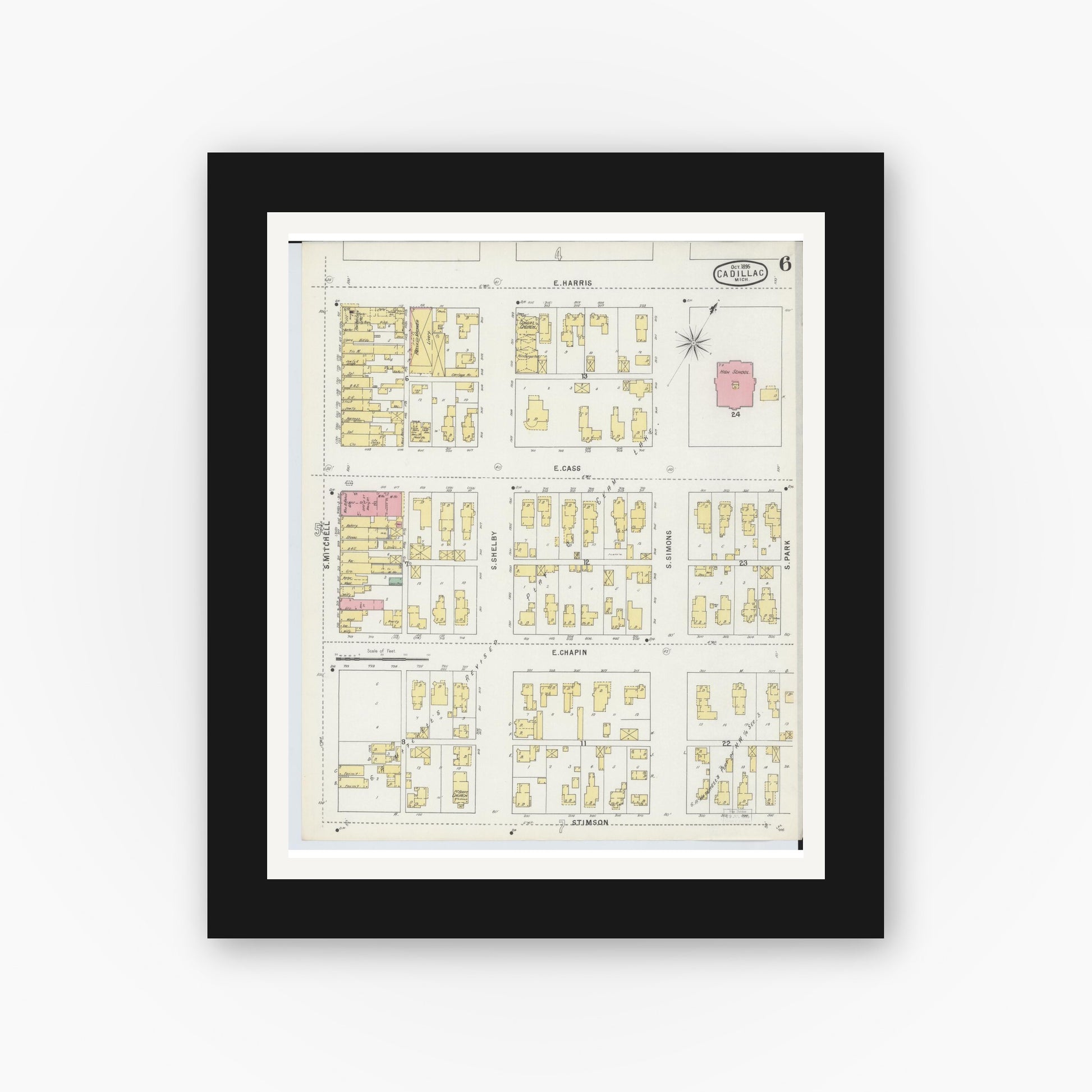 Old map wall art mockup — black gallery frame with white mat — Sanborn Fire Insurance Map from Cadillac, Wexford County, Michigan (1895), Sheet #0006