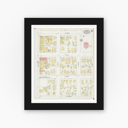 Old map wall art mockup — black gallery frame with white mat — Sanborn Fire Insurance Map from Cadillac, Wexford County, Michigan (1895), Sheet #0006