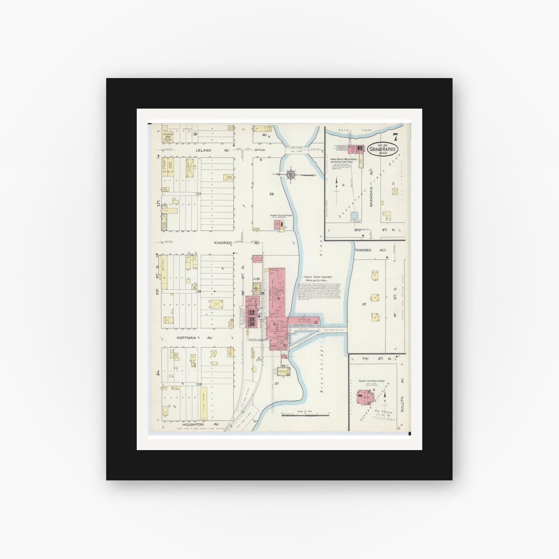 Old map wall art mockup — black gallery frame with white mat — Sanborn Fire Insurance Map from Grand Rapids, Itasca County, Minnesota (1913), Sheet #0007