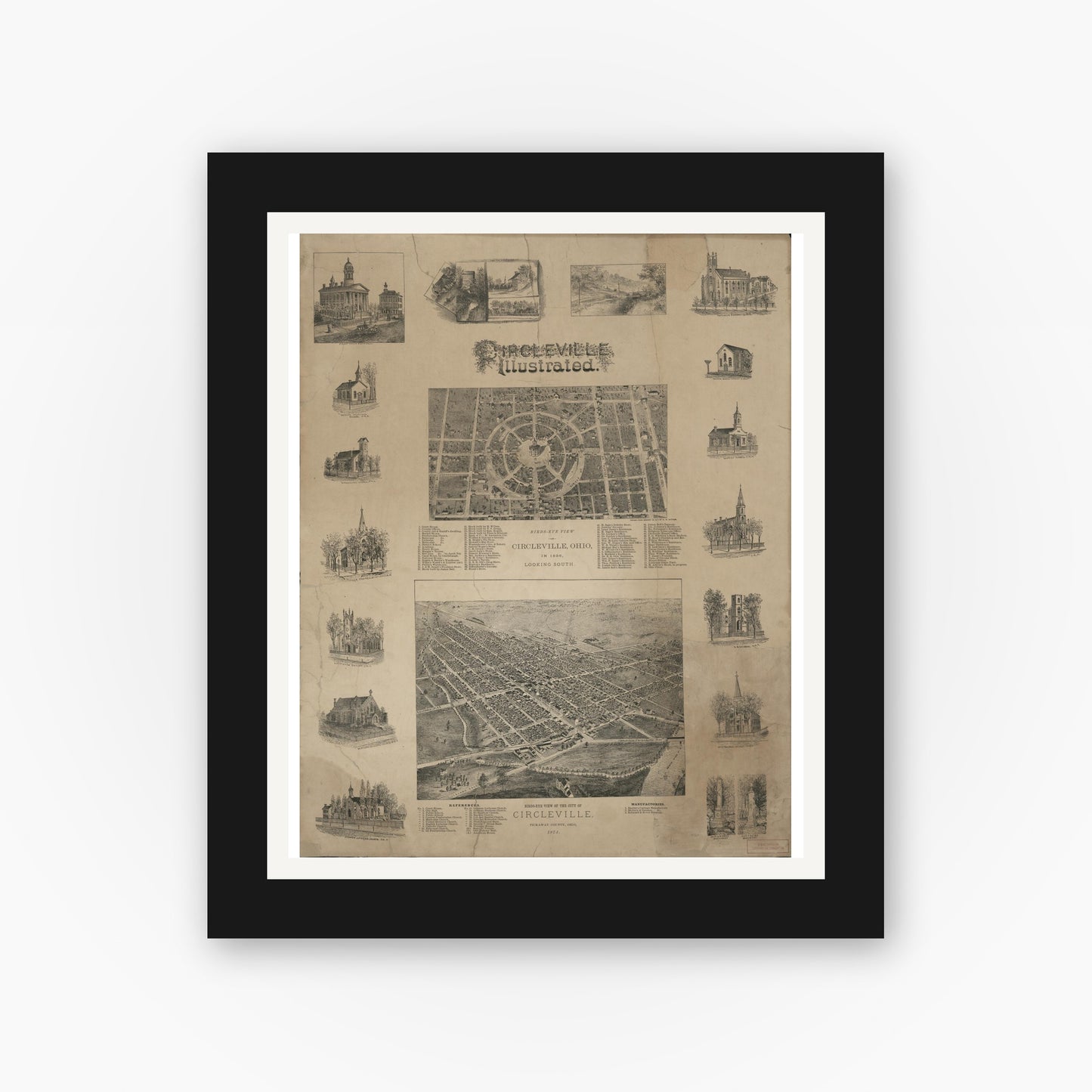 Old map wall art mockup — black gallery frame with white mat — Circleville illustrated (1878)