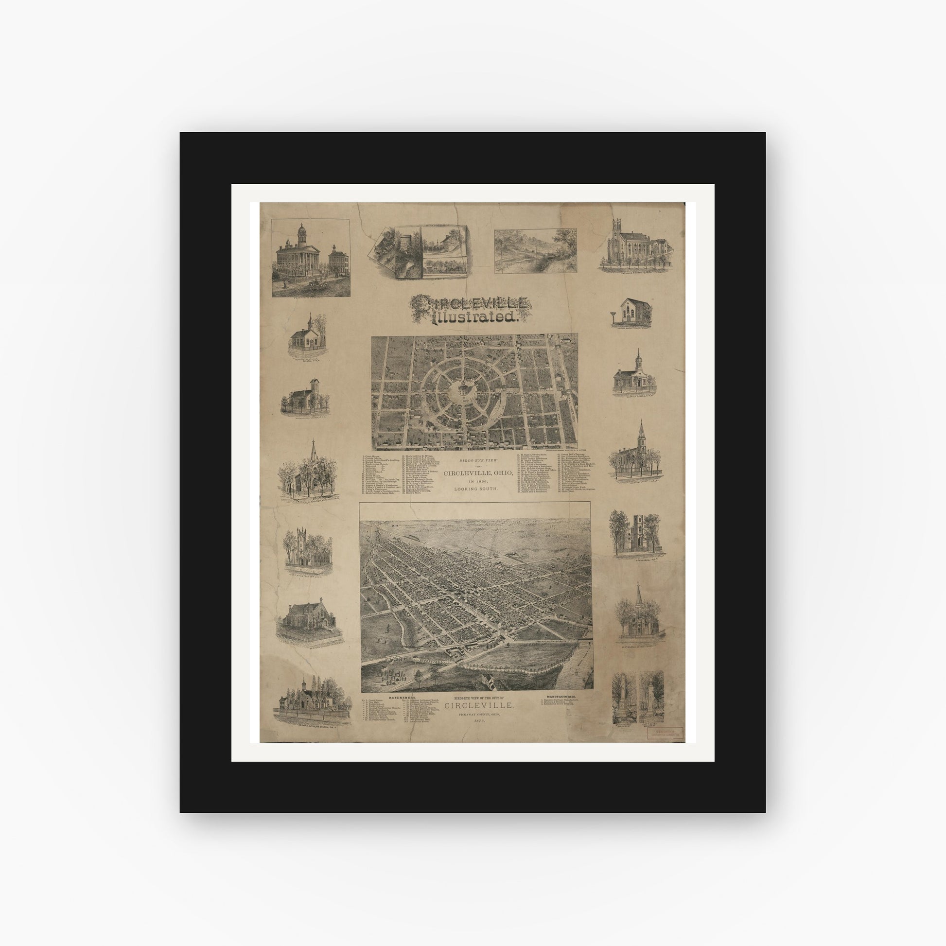 Old map wall art mockup — black gallery frame with white mat — Circleville illustrated (1878)