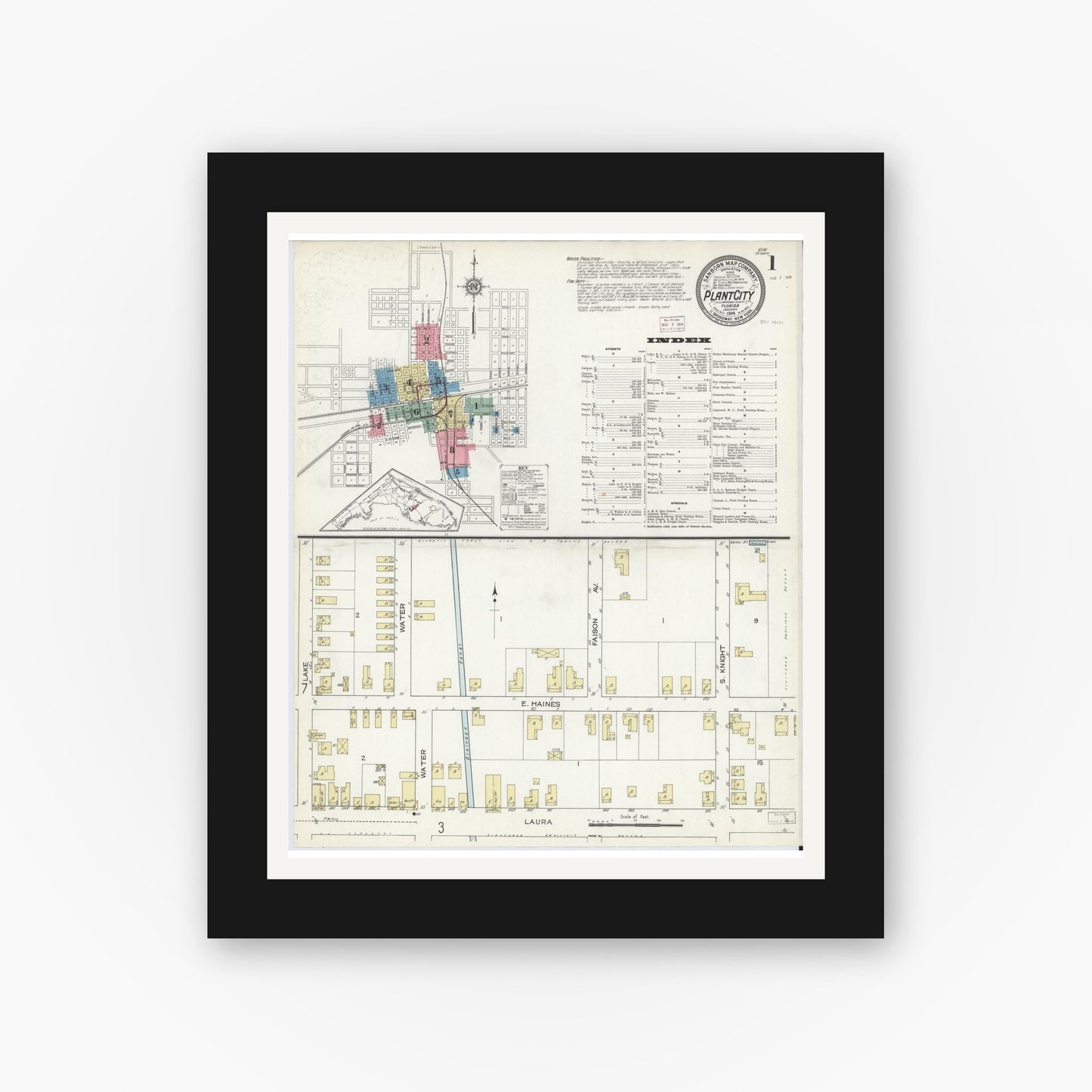 Old map wall art mockup — black gallery frame with white mat — Sanborn Fire Insurance Map from Plant City, Hillborough County, Florida (1914), Sheet #0001