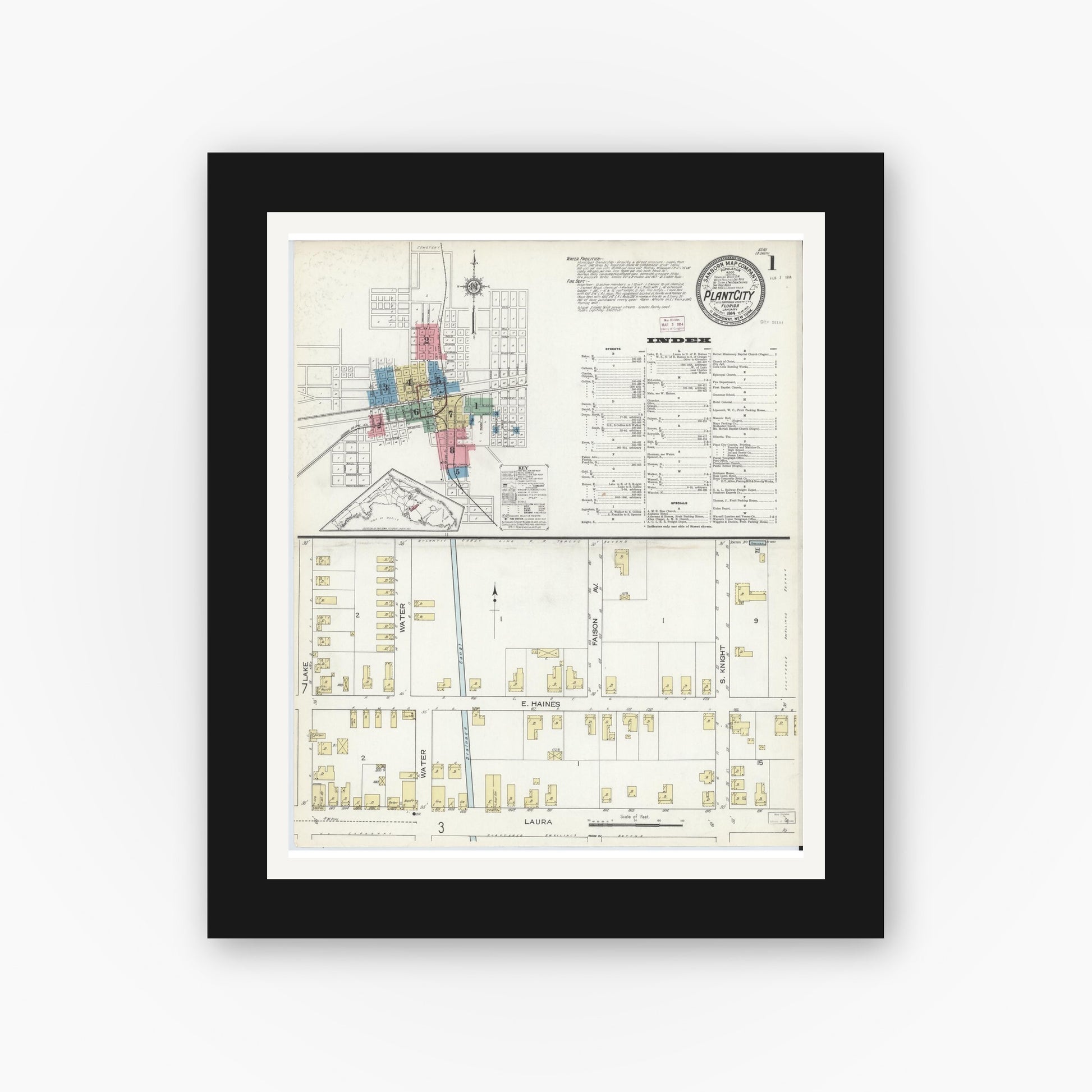 Old map wall art mockup — black gallery frame with white mat — Sanborn Fire Insurance Map from Plant City, Hillborough County, Florida (1914), Sheet #0001