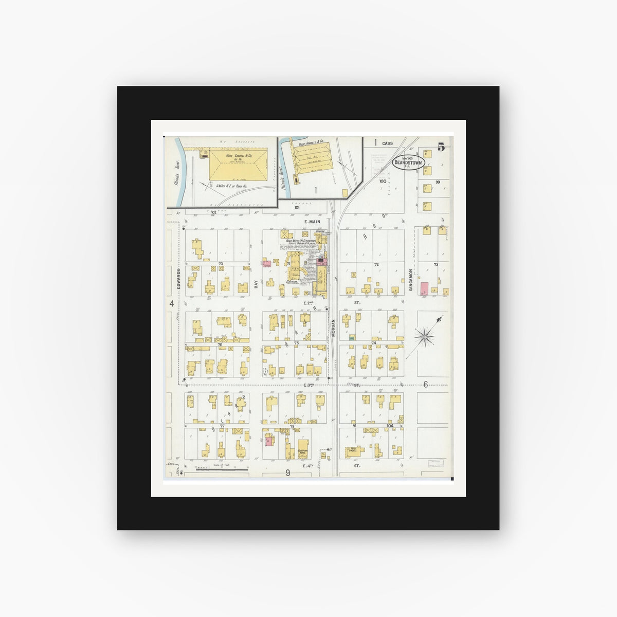 Old map wall art mockup — black gallery frame with white mat — Sanborn Fire Insurance Map from Beardstown, Cass County, Illinois (1900), Sheet #0005