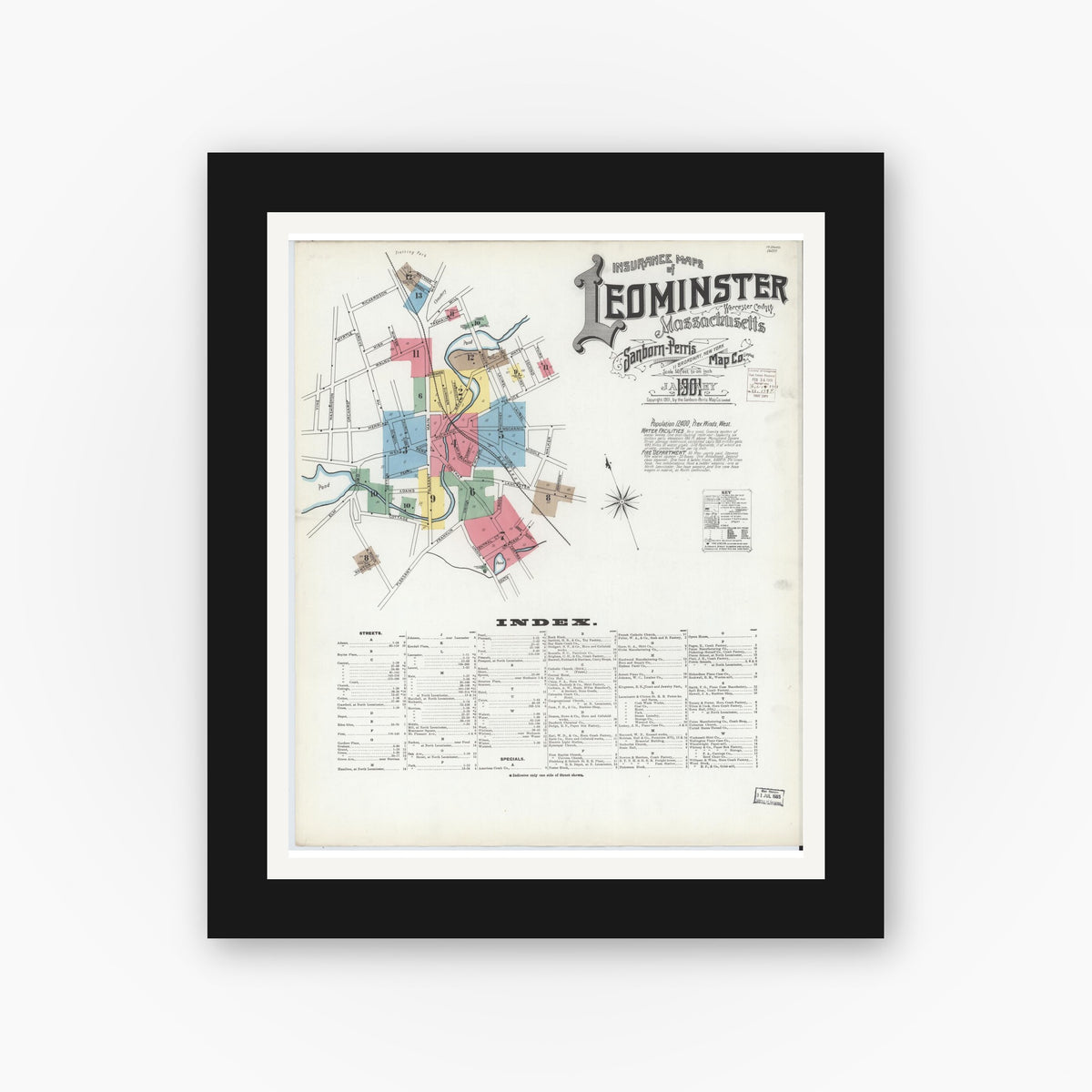 Old map wall art mockup — black gallery frame with white mat — Sanborn Fire Insurance Map from Leominster, Worcester County, Massachusetts (1901) - Complete Map Set