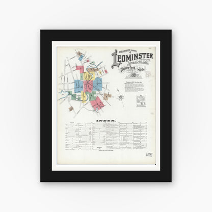 Old map wall art mockup — black gallery frame with white mat — Sanborn Fire Insurance Map from Leominster, Worcester County, Massachusetts (1901) - Complete Map Set