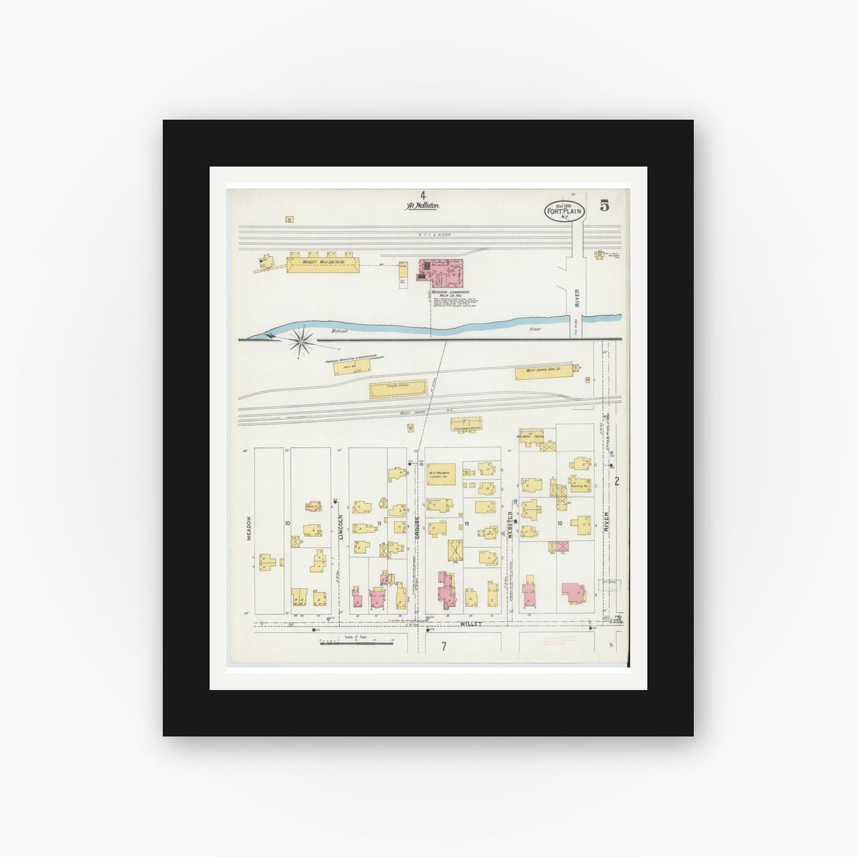 Old map wall art mockup — black gallery frame with white mat — Sanborn Fire Insurance Map from Fort Plain, Montgomery County, New York (1906), Sheet #0005