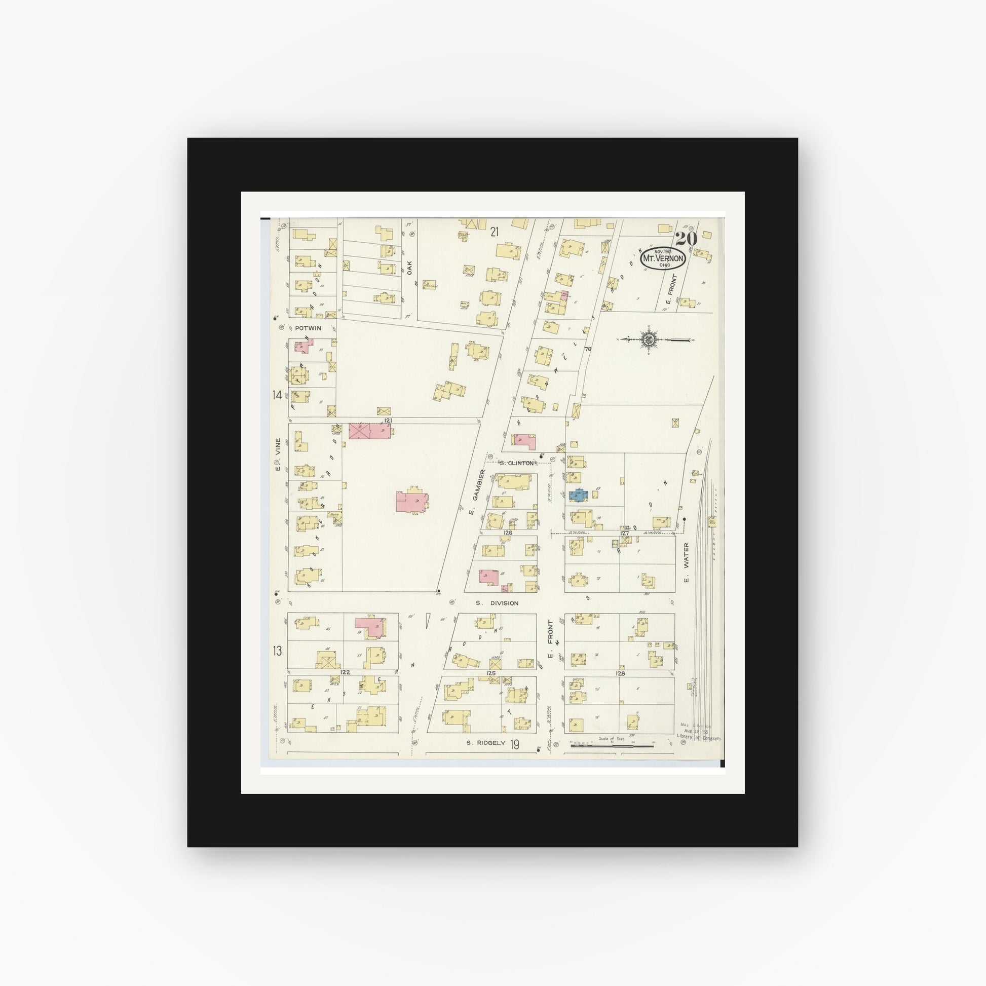 Old map wall art mockup — black gallery frame with white mat — Sanborn Fire Insurance Map from Mount Vernon, Knox County, Ohio (1913), Sheet #0020