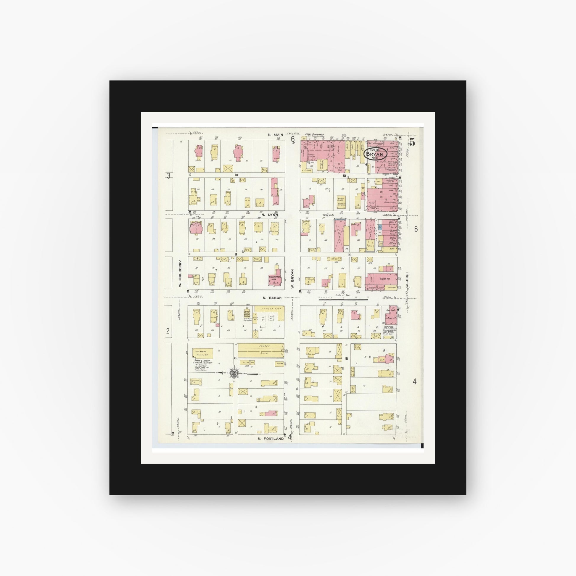 Old map wall art mockup — black gallery frame with white mat — Sanborn Fire Insurance Map from Bryan, Williams County, Ohio (1911), Sheet #0005