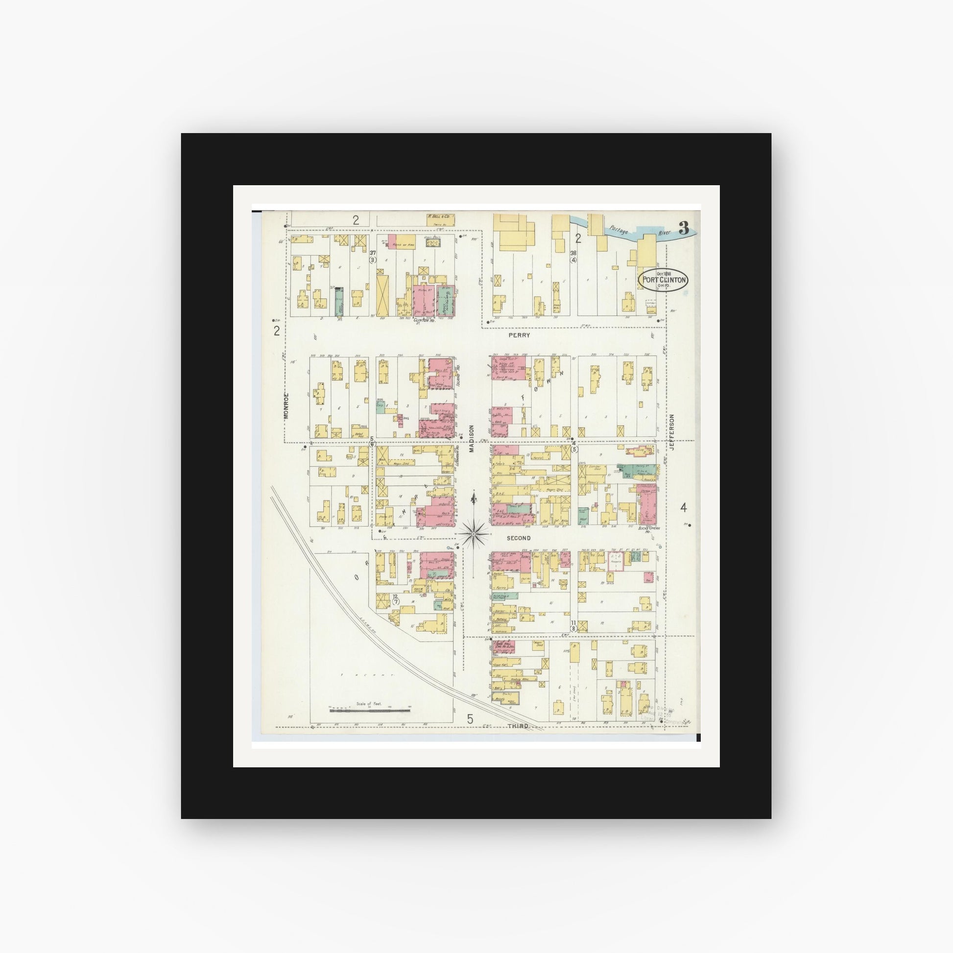 Old map wall art mockup — black gallery frame with white mat — Sanborn Fire Insurance Map from Port Clinton, Ottawa County, Ohio (1898), Sheet #0003