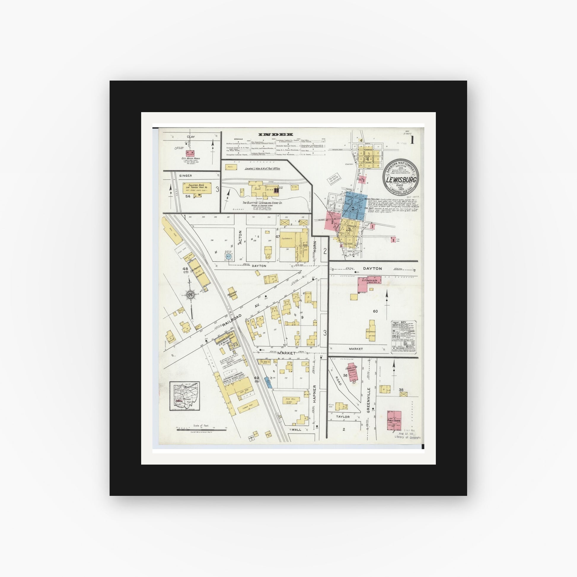 Old map wall art mockup — black gallery frame with white mat — Sanborn Fire Insurance Map from Lewisburg, Preble County, Ohio (1920) - Complete Map Set