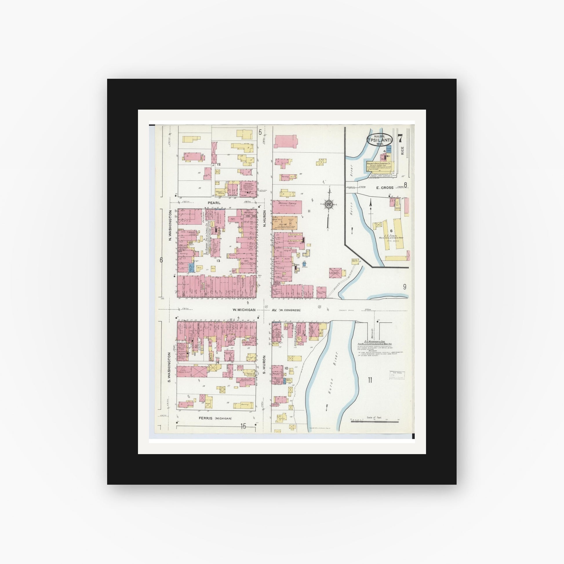 Old map wall art mockup — black gallery frame with white mat — Sanborn Fire Insurance Map from Ypsilanti, Washtenaw County, Michigan (1916), Sheet #0007