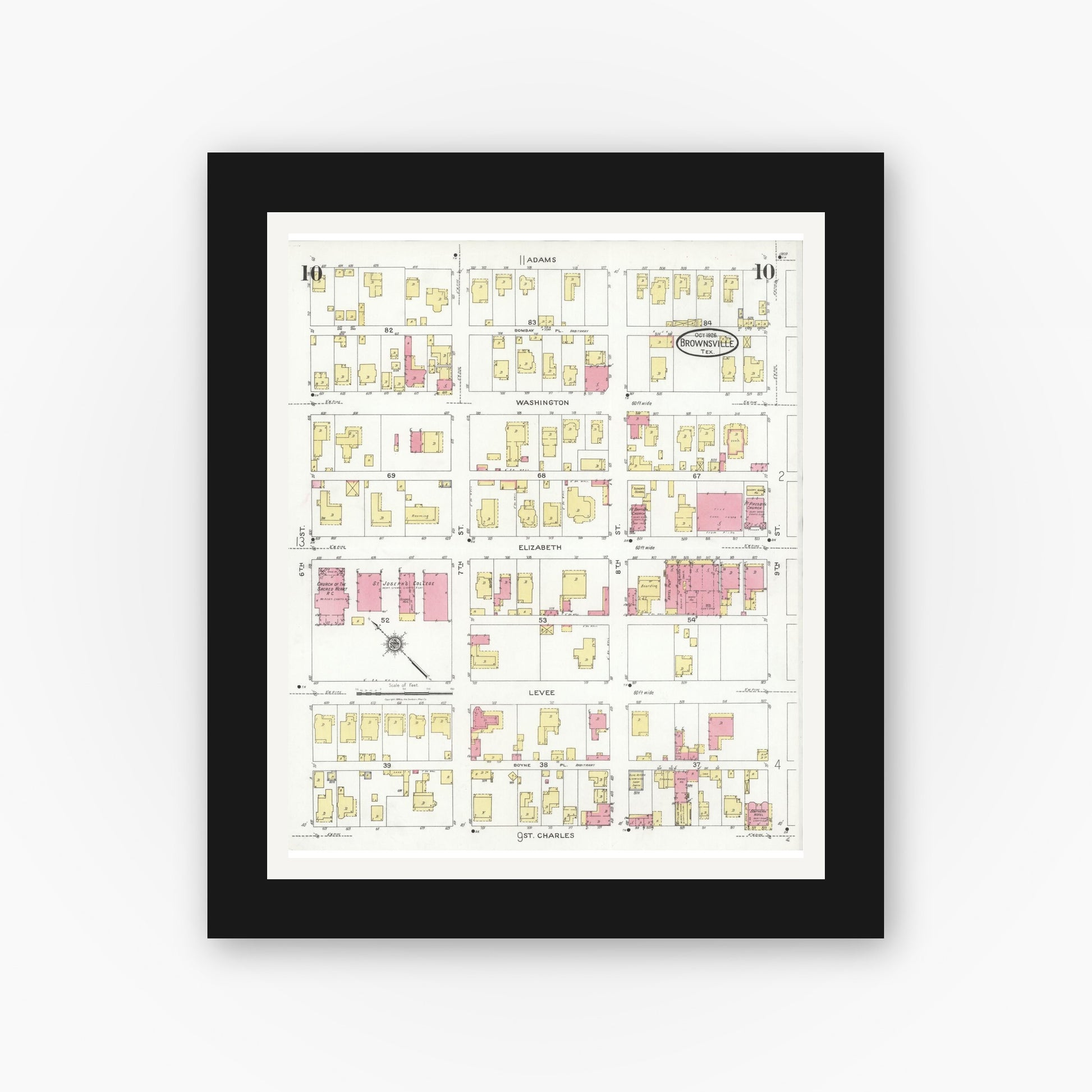 Old map wall art mockup — black gallery frame with white mat — Sanborn Fire Insurance Map from Brownsville, Cameron County, Texas (1926), Sheet #0010
